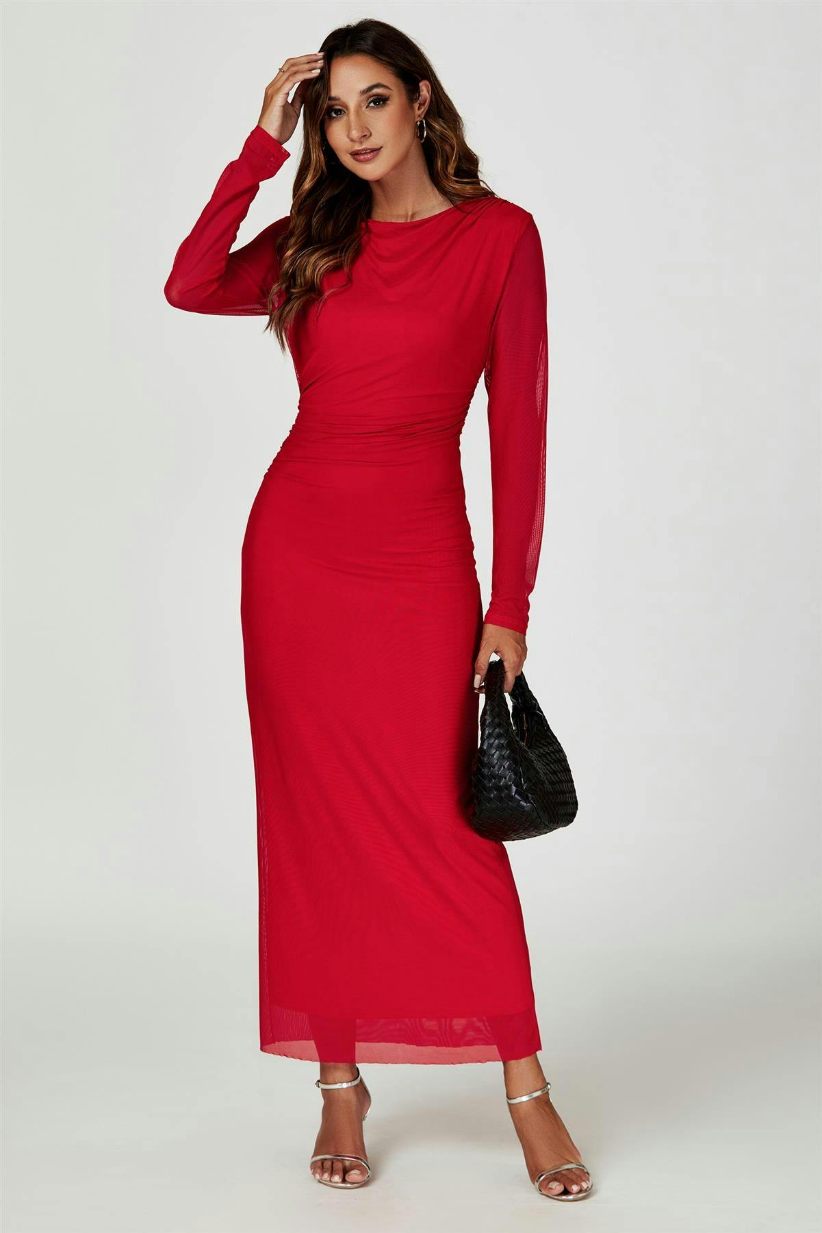 Fs Collection Women's Red Long Sleeves Mesh Midi Dress In - Xs