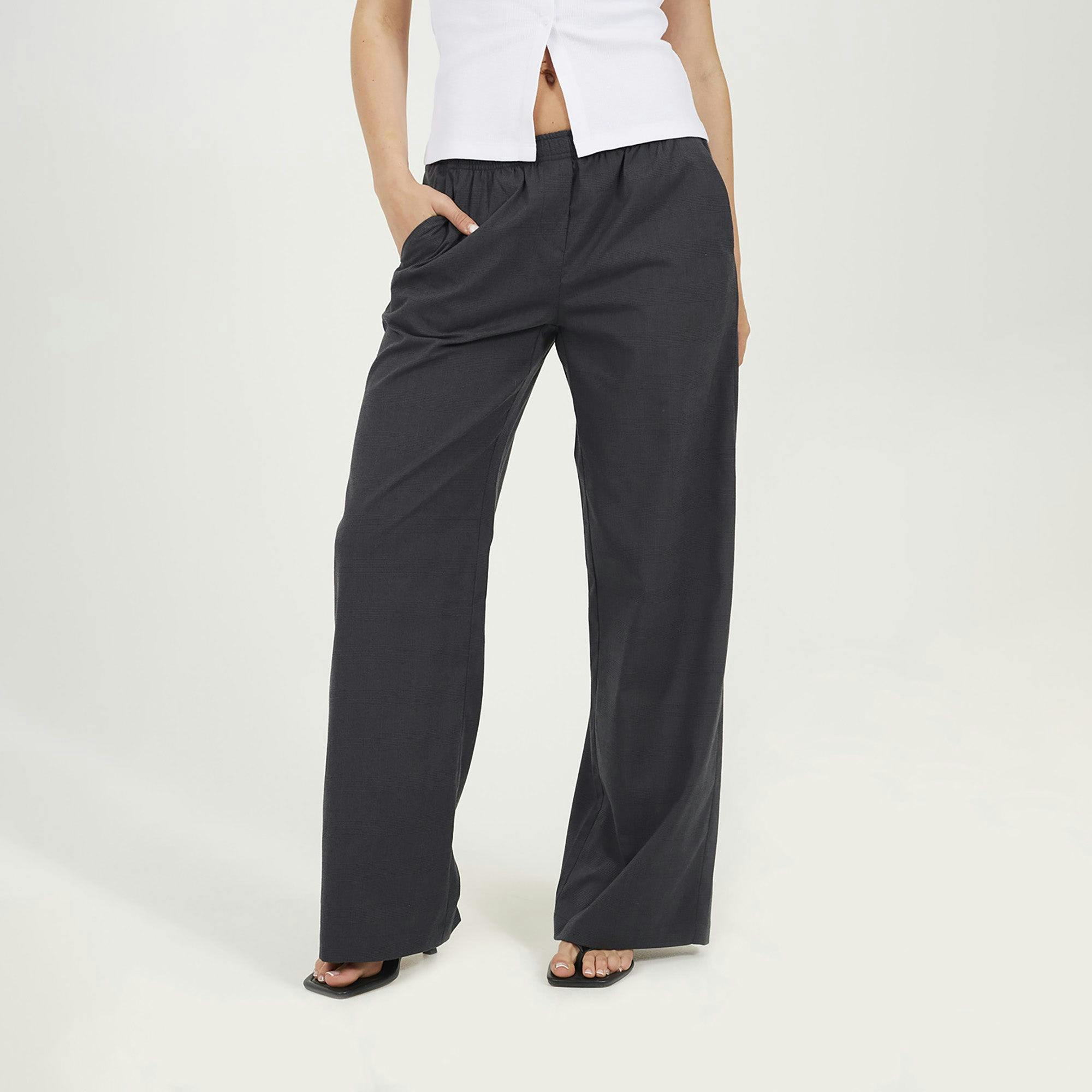 Brave Soul Grey Check Tailored Trousers With Elasticated Waist - Xs