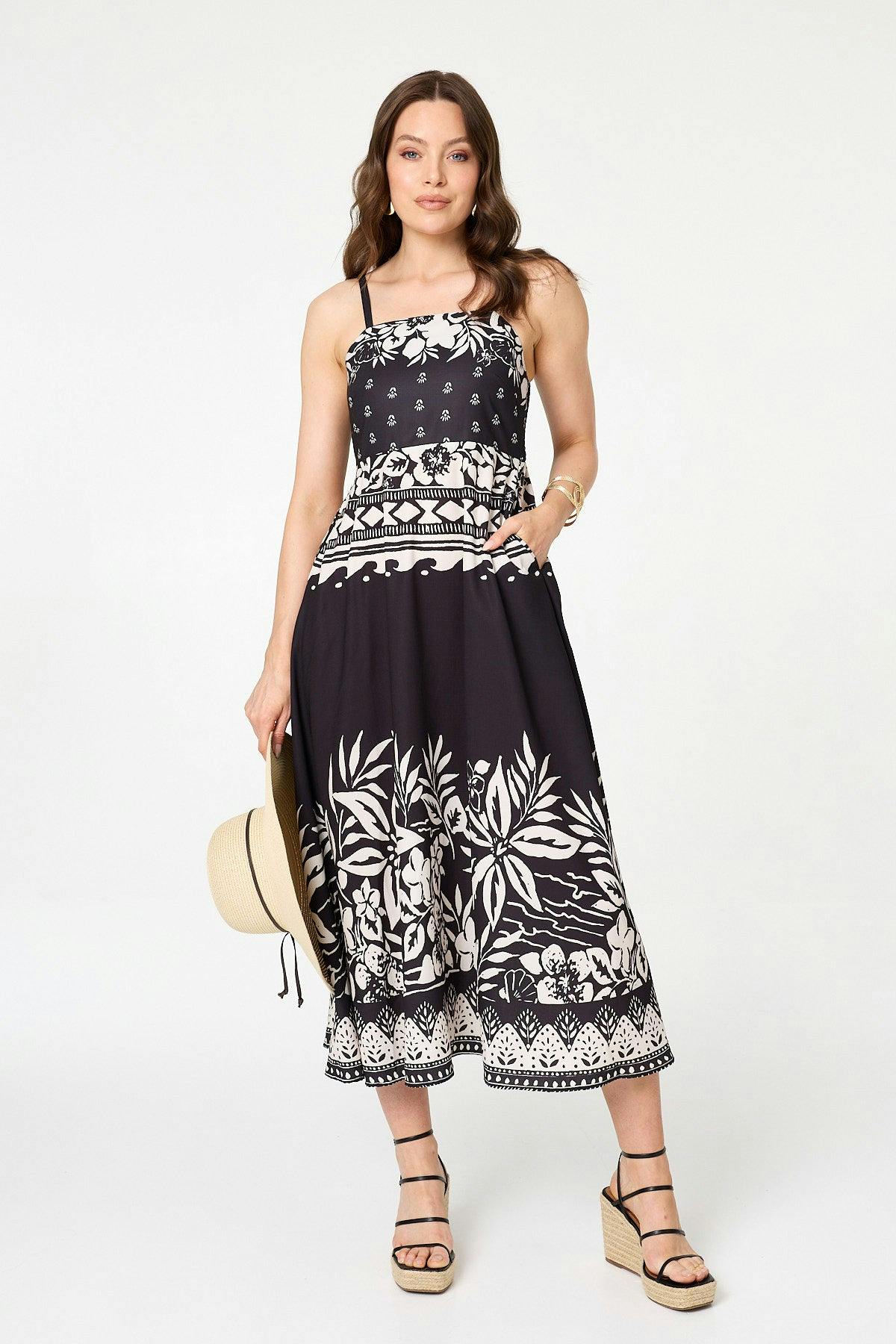 Izabel London Black Border Print Sleeveless Cami Midi Dress - 12