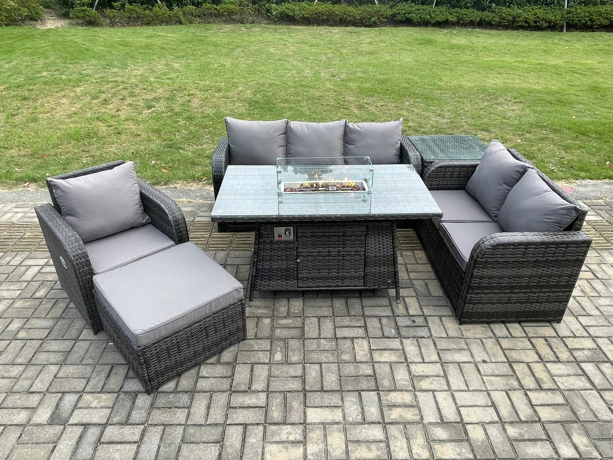 Rackhams Garden Patio Furniture Wicker Rattan Gas Fire Pit Table And Sofa Chair Set With Side Table Big Footstool