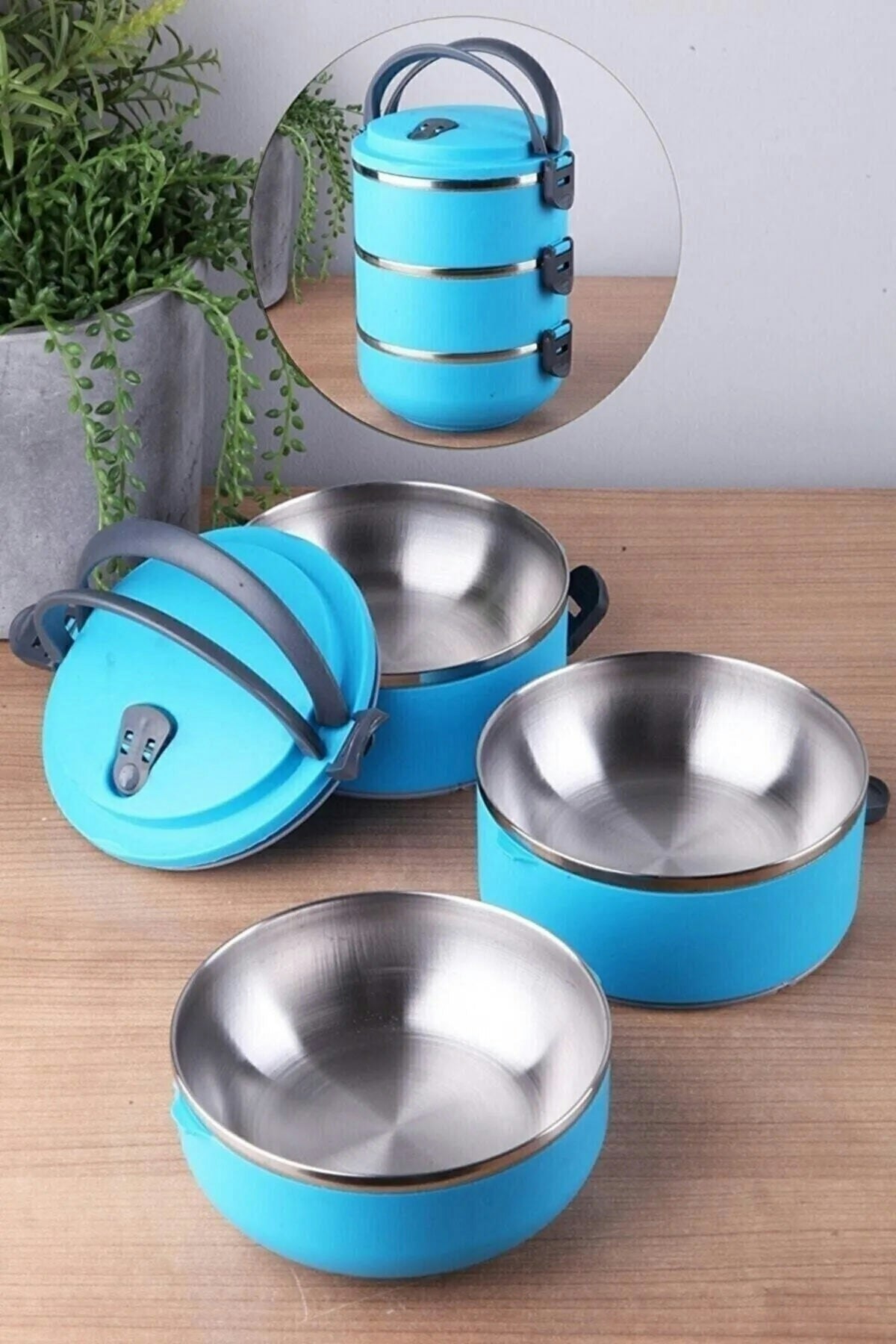 Rackhams Blue Freshbox 3-Layer Stainless Steel Bento Lunch Box (Blue)