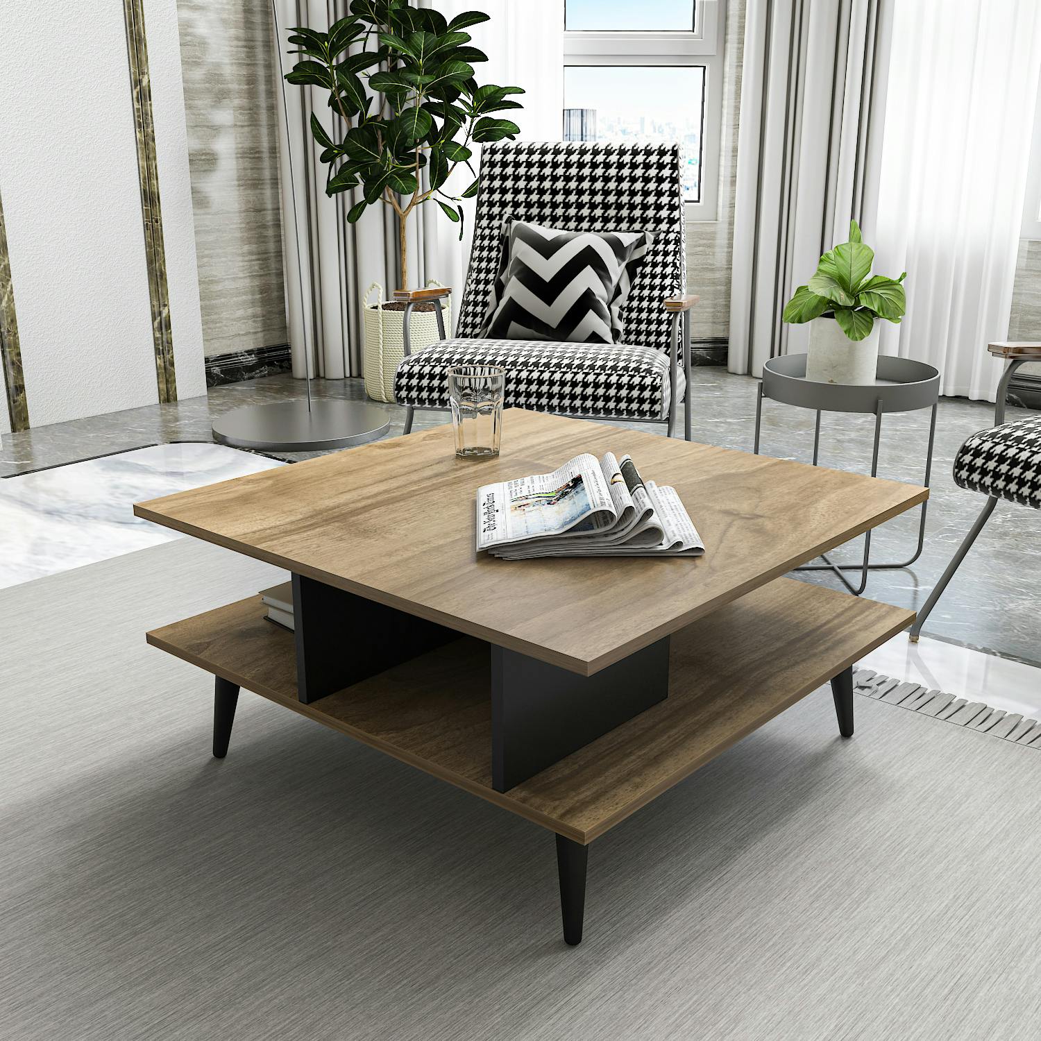 Decorotika Black Akya 90 Cm Coffee Table With Storage - Particle Board - Modern - Walnut
