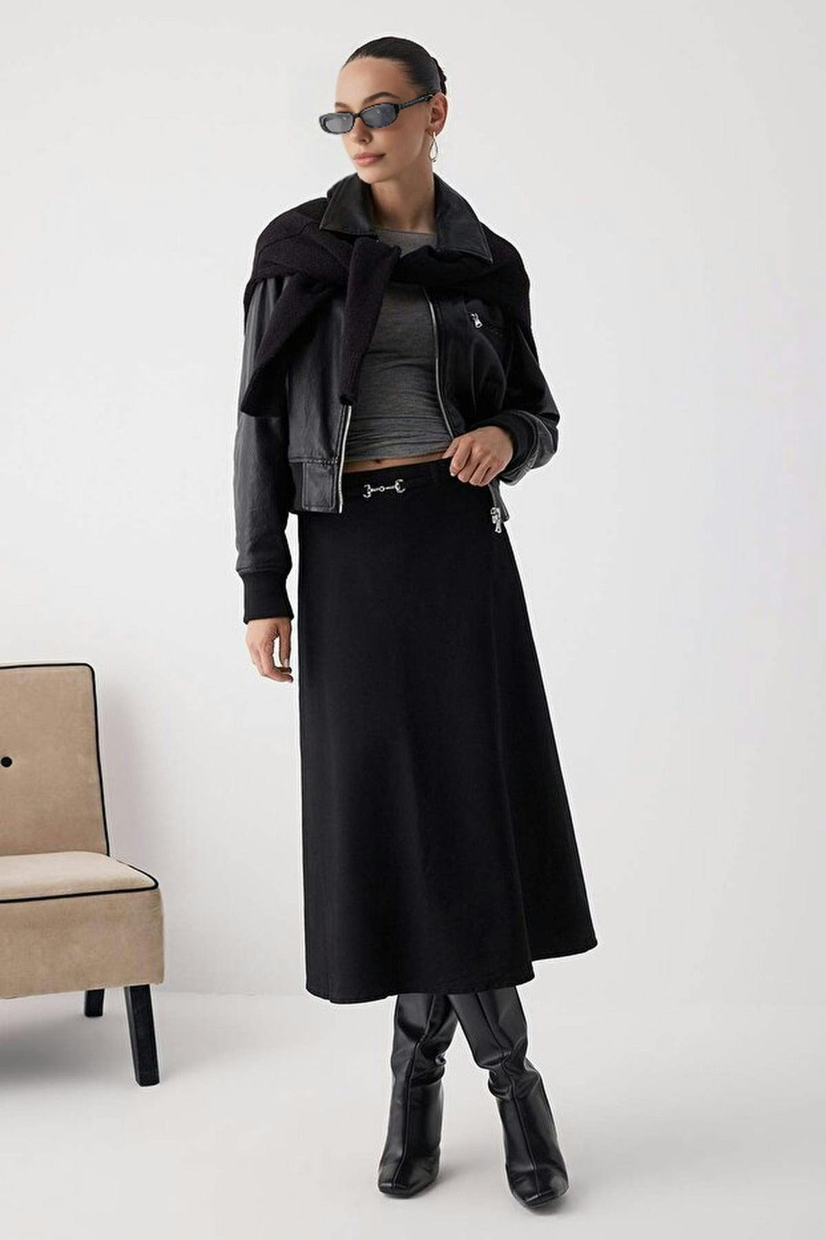 Wovcor Black Belted Maxi Denim Skirt - 6
