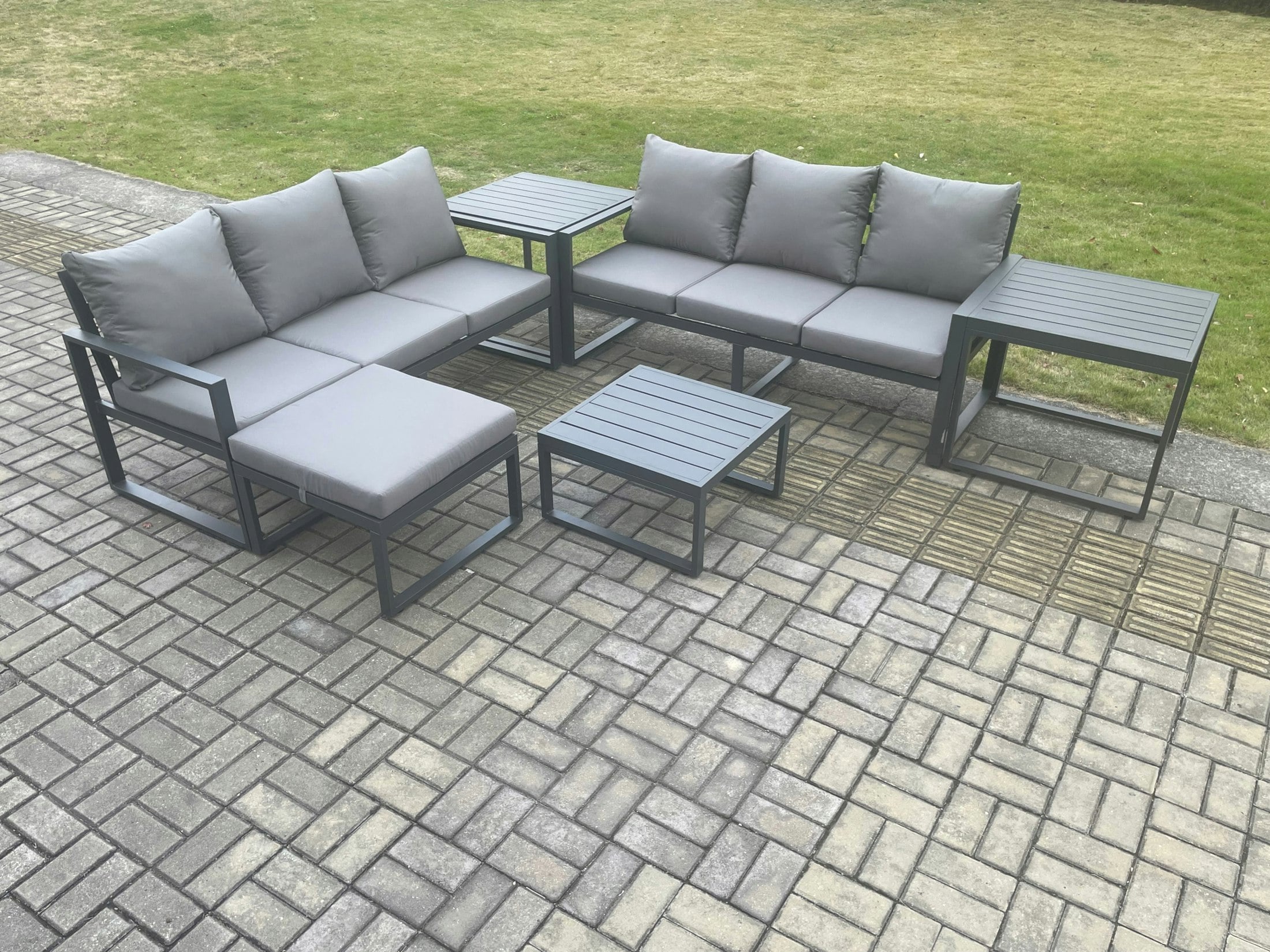 Fimous Dark/Grey 7-Seater Aluminium Outdoor Sofa Set | 6 Pieces, Square Coffee Table, Large Footstool, 2 Side Tables |