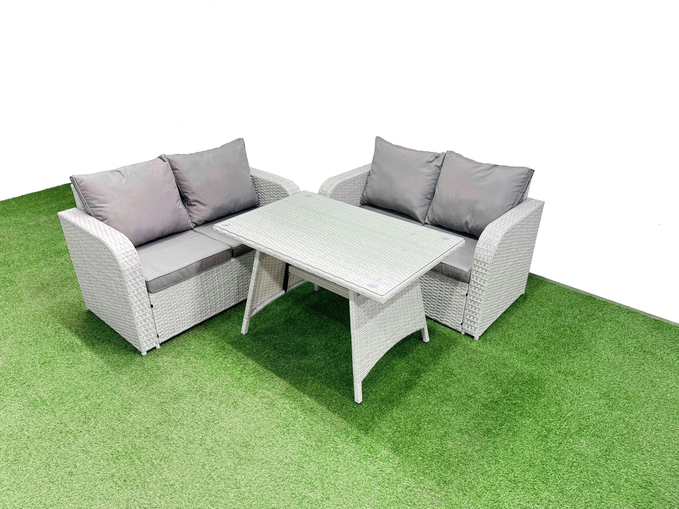 Rackhams Light/Grey 4 Seat Outdoor Love Sofa Set Rattan Garden Furniture Set With Rectangular Dining Table