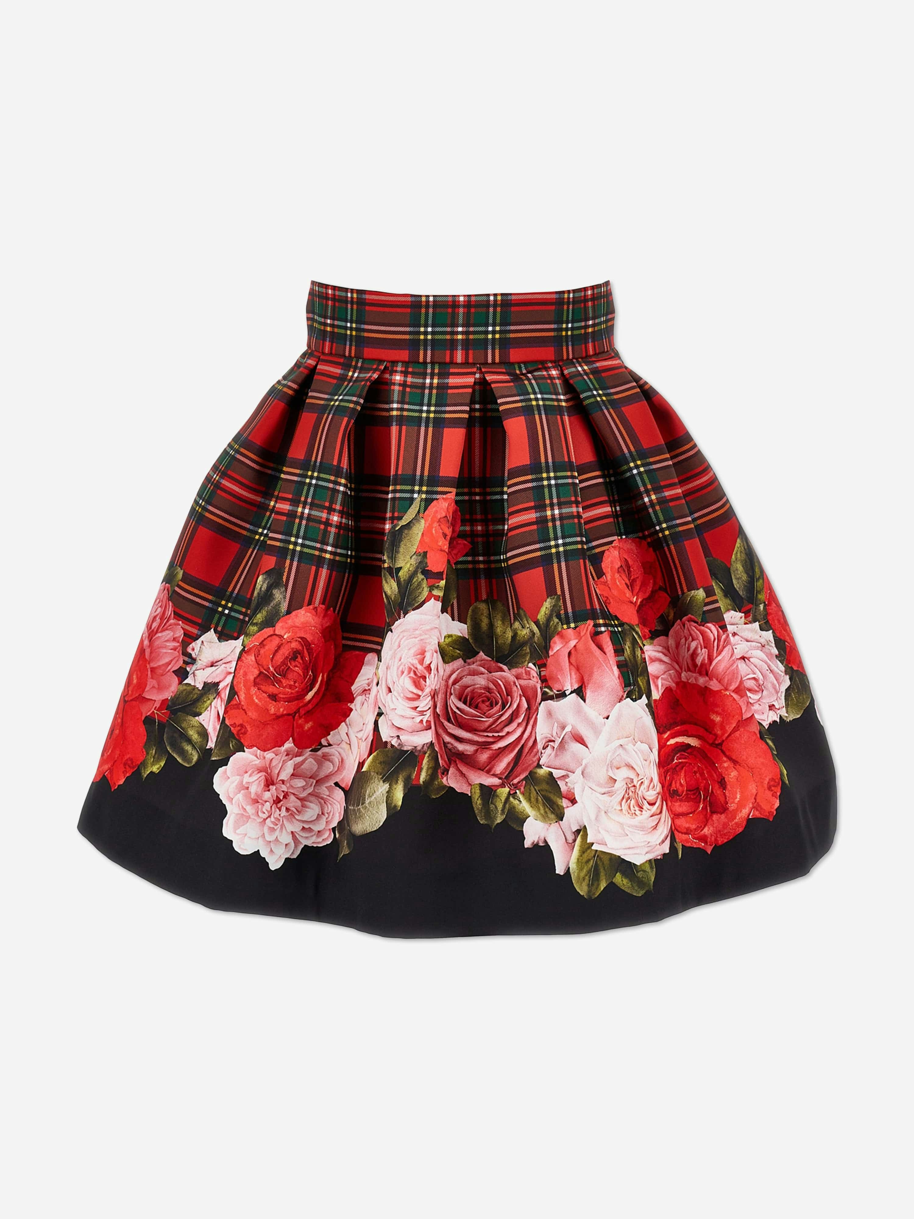 Monnalisa Girls Red Tartan And Rose Skirt In - 3 Yrs