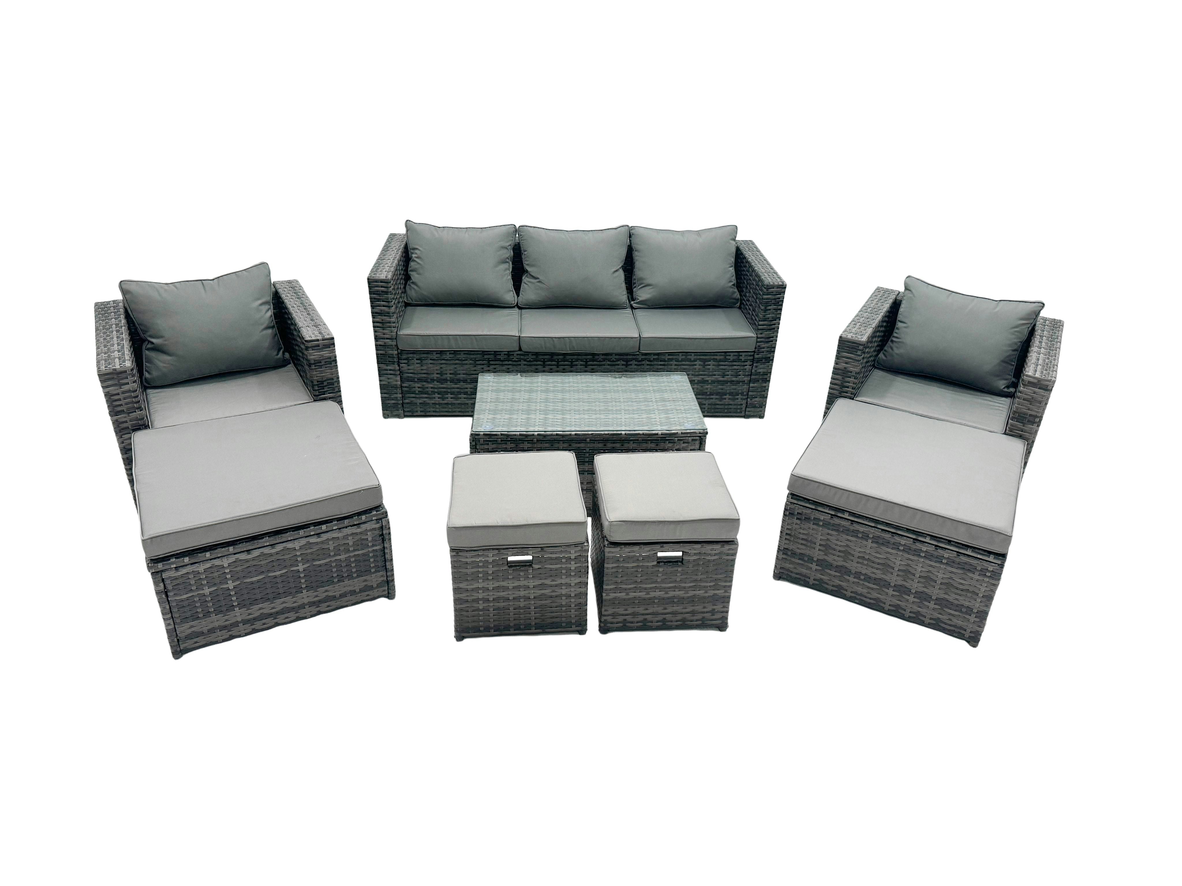 Rackhams Dark/Grey Outdoor Coffee Table Sofa Armchair Set With 2 Big Stools 2 Small Footstools Garden Furniture Set Mixed