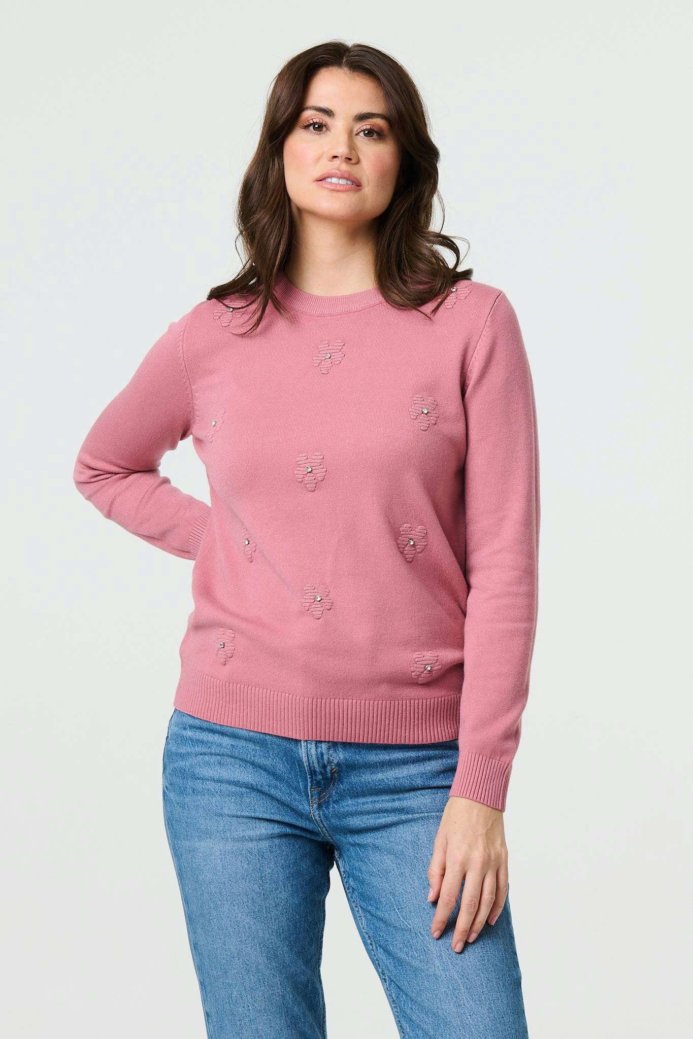 Izabel London Floral Gemstone Embellished Jumper - Blush - 18