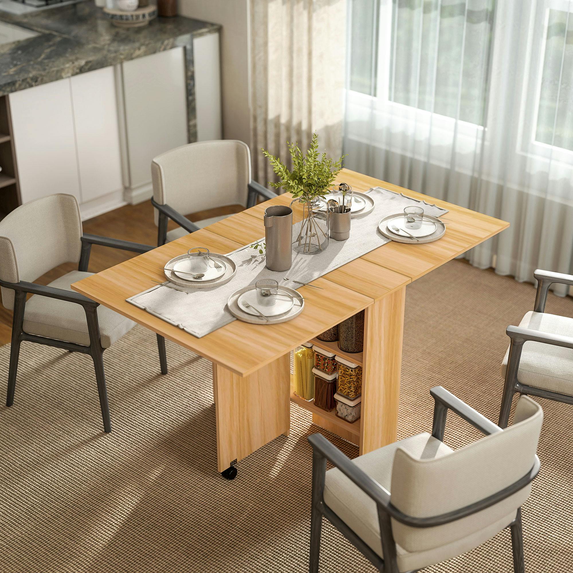 Homcom Unisex Natural Foldable Dining Table With Storage Shelves For Kitchen, Dining Room In | : 140 Cm X 80 Cm - Image 4