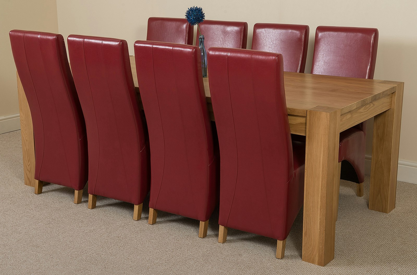 Rackhams Burgundy Kuba Extra Large Oak Dining Table With Lola Leather Chairs - 8 Chairs