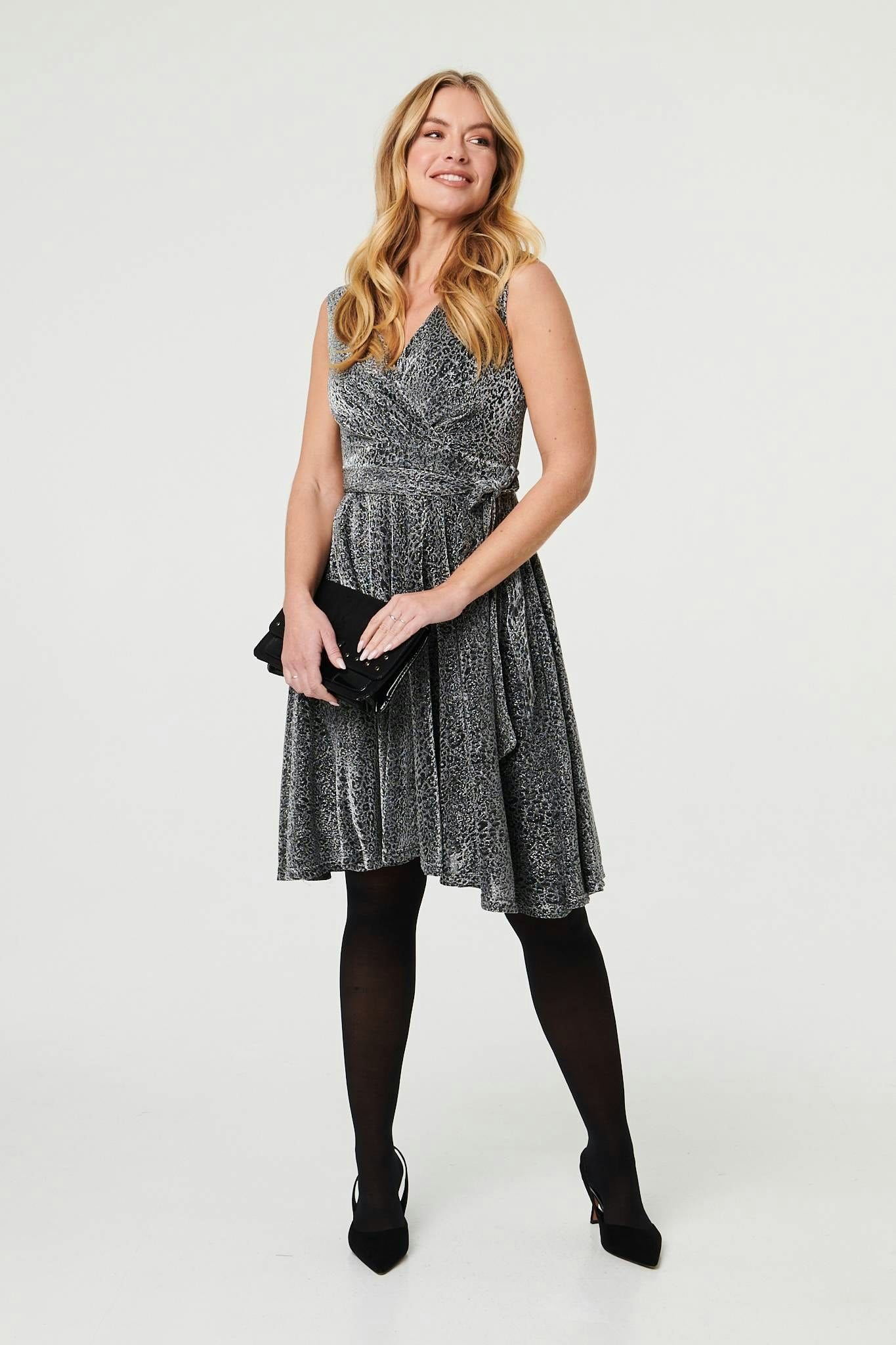 Izabel London Silver Animal Print Sleeveless Wrap Dress - 18
