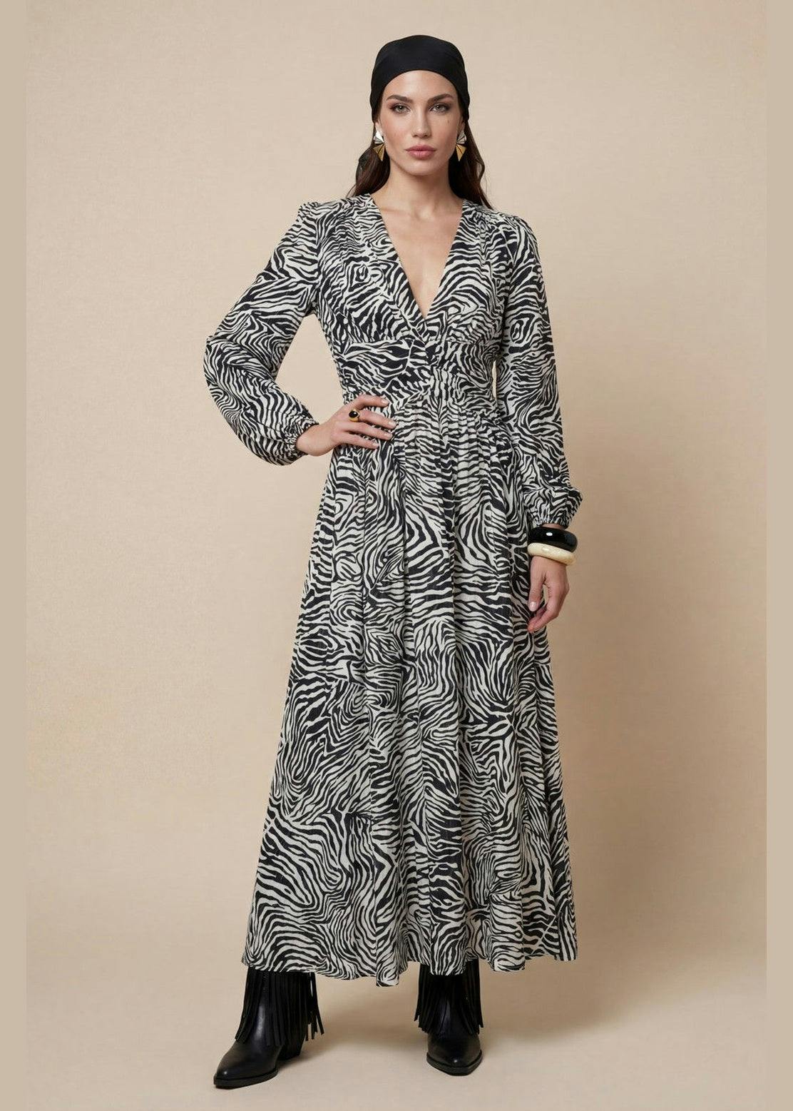 Urban Bliss Dark Zebra Long Sleeve Metallic Dress Mono Pattern - 12
