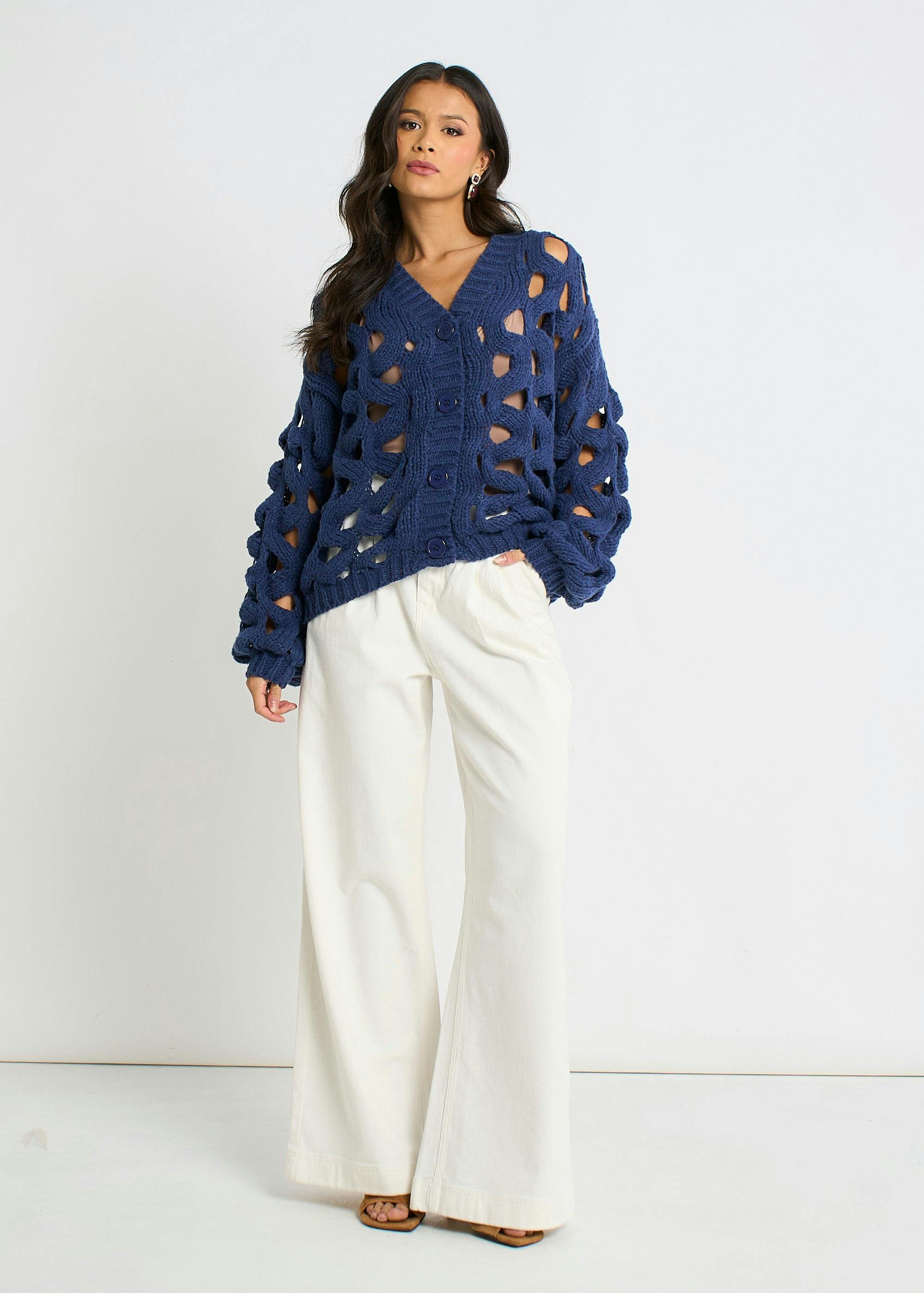 Gini London Navy Hollow Chunky Knit Cardigan - M-L (Uk 12-14/Us 8-10/Eu 40-42)
