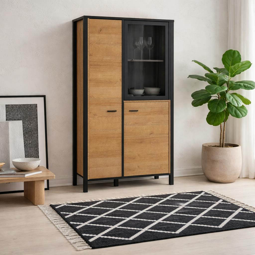 Rackhams Black Egtved And Natural Oak Wood Effect Small Display Cabinet 2 Doors 1 Shelf