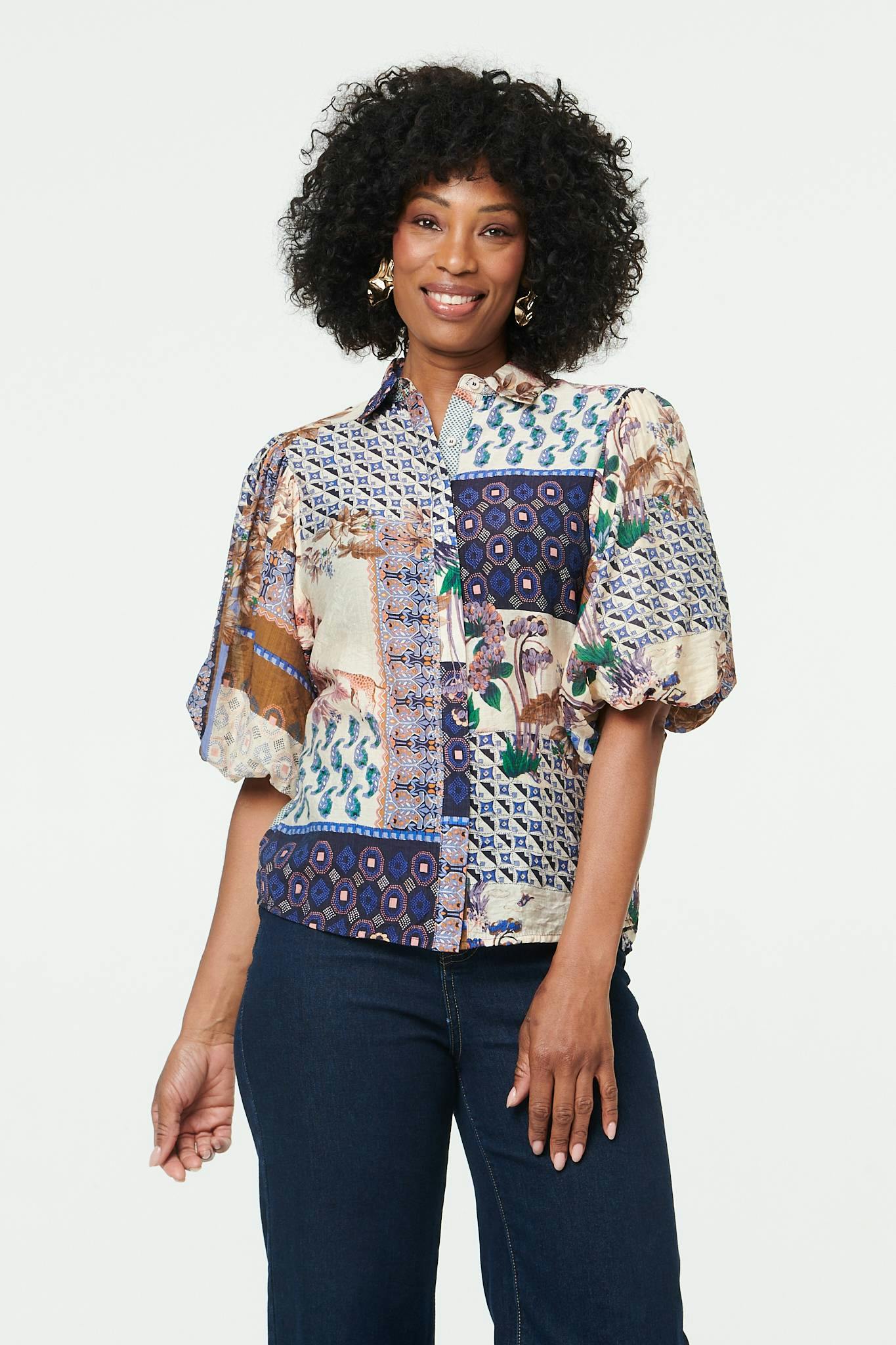 Izabel London Patchwork 1/2 Puff Sleeve Blouse - 10 - Navy