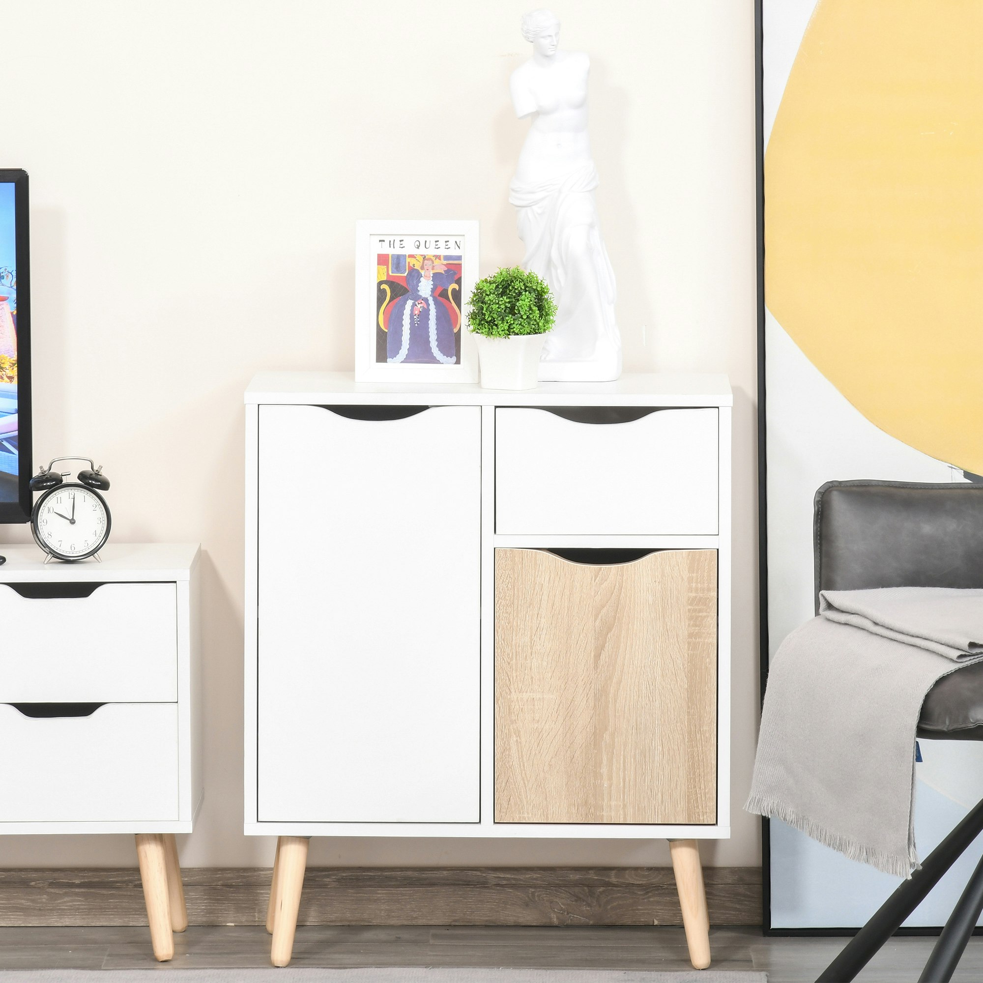 Rackhams White Floor Cabinet Storage Cupboard Sideboard With Drawer For Bedroom - Natural
