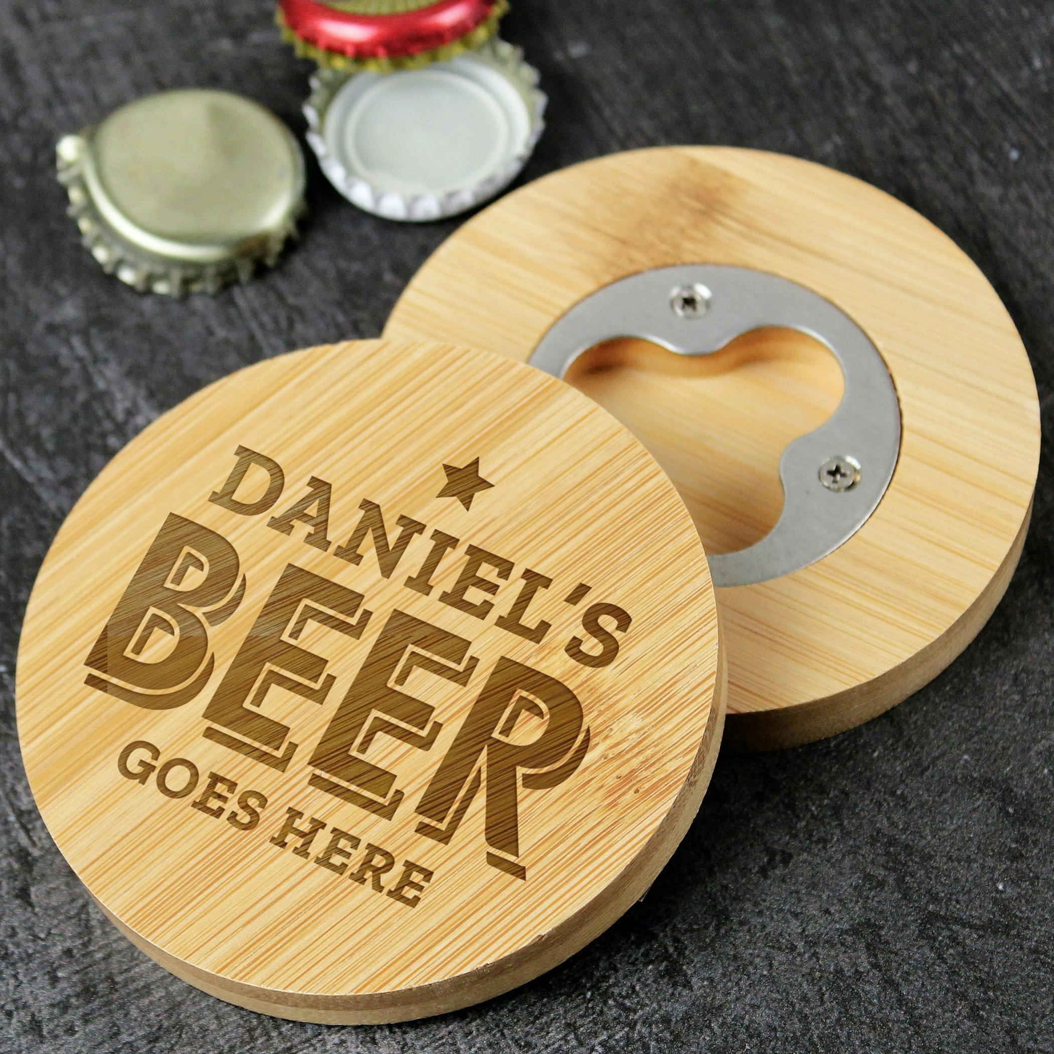 Rackhams Personalised Beer Goes Here Bamboo Bottle Opener Coaster