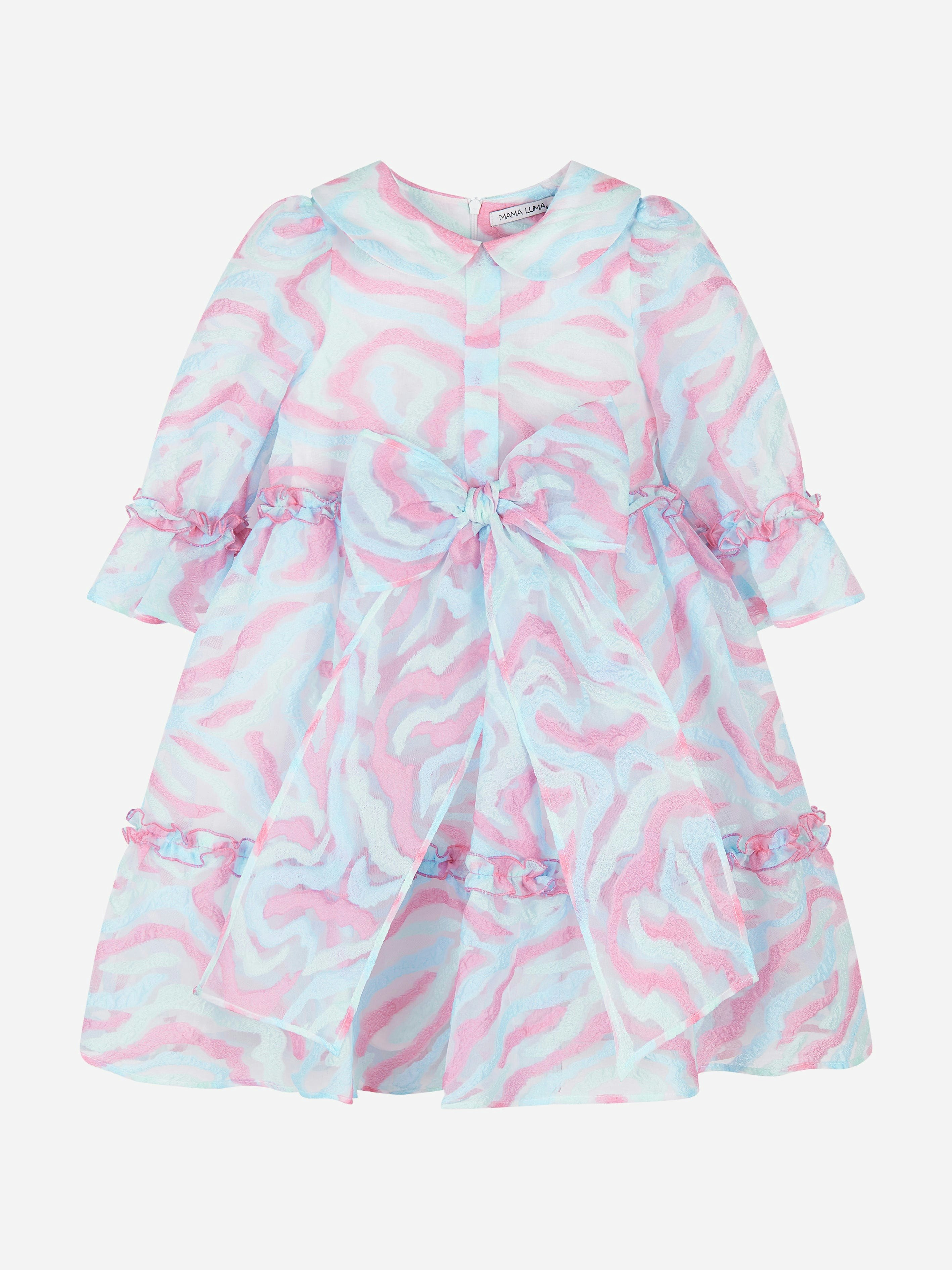 Mama Luma Girls Blue Abstract Curve Organza Dress In - 9 - 10 Yrs