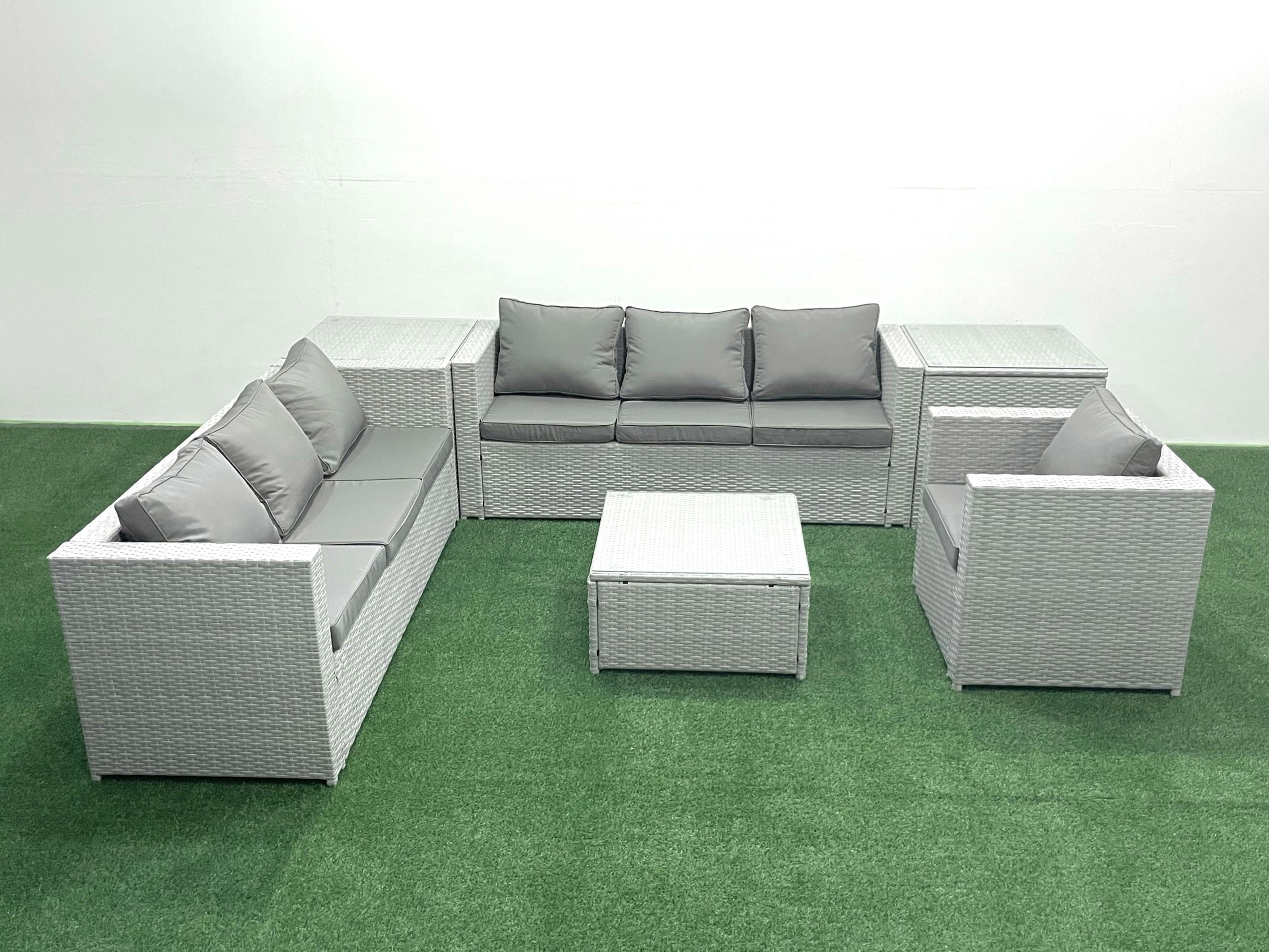 Rackhams Light/Grey Wicker Pe Rattan Sofa Garden Furniture Set With Armchair Square Coffee Table 2 Side Tables Mixed