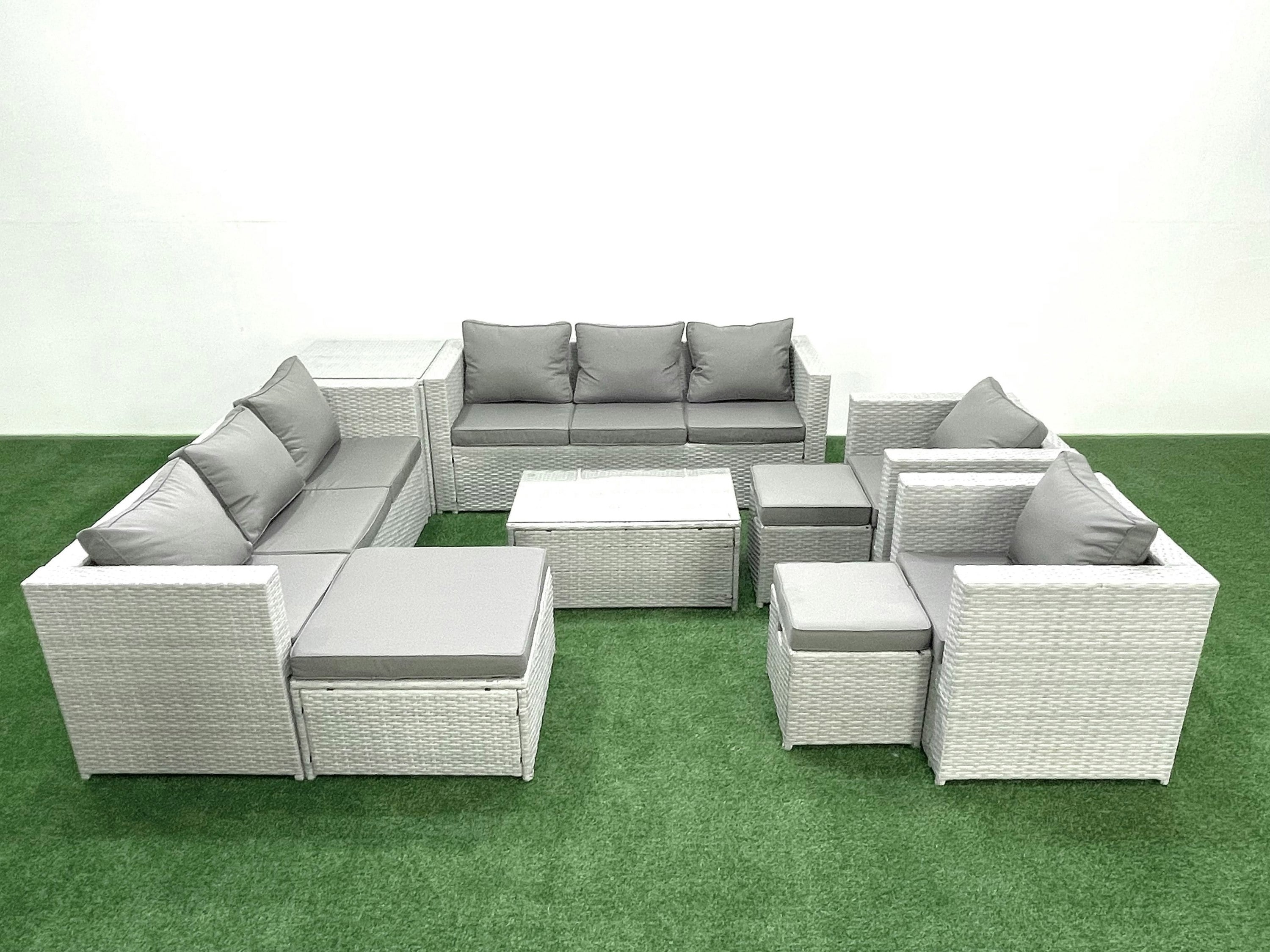 Rackhams Light/Grey Outdoor Rattan Sofa Garden Furniture Set With 2 Armchairs Oblong Coffee Table 3 Footstools Side Table Mixed