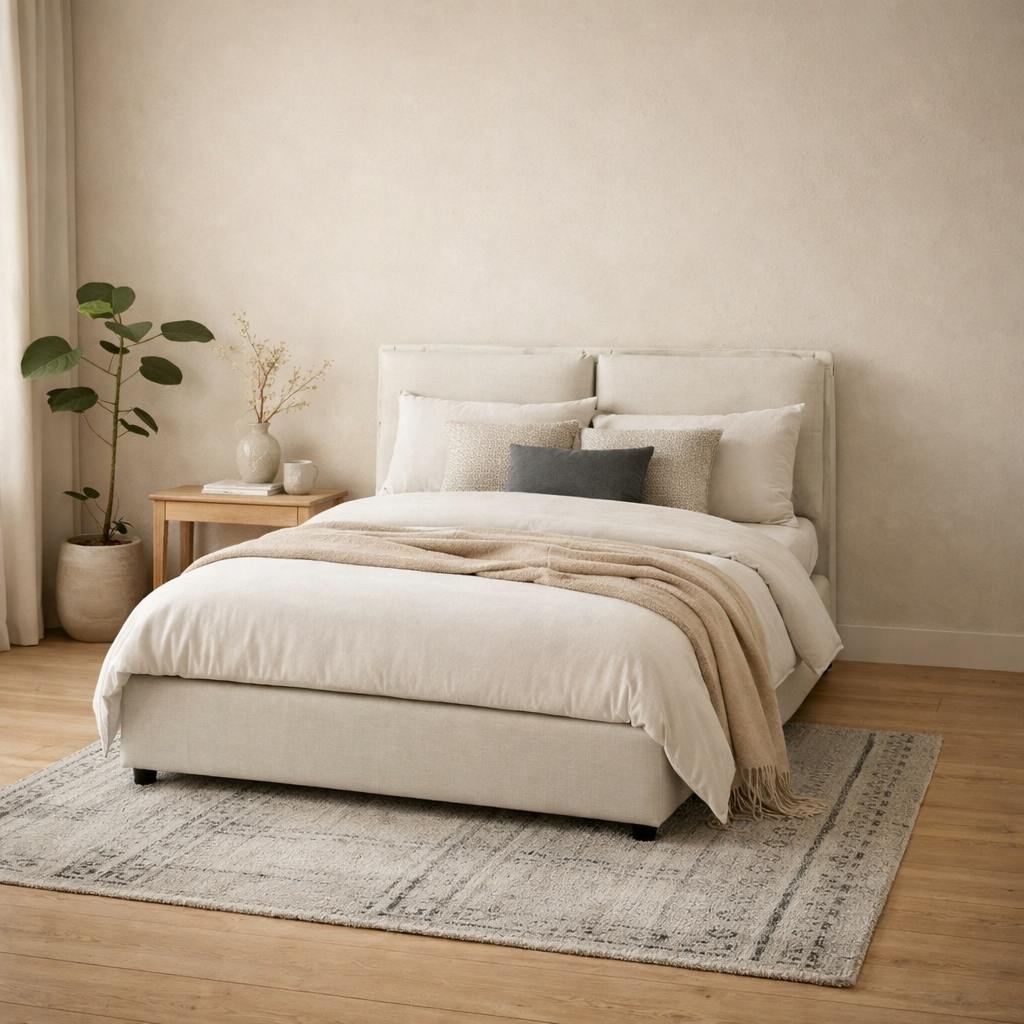 Rackhams Ivory Wexford Linen Upholstered 4Ft6 Double Bed Pillow Headboard