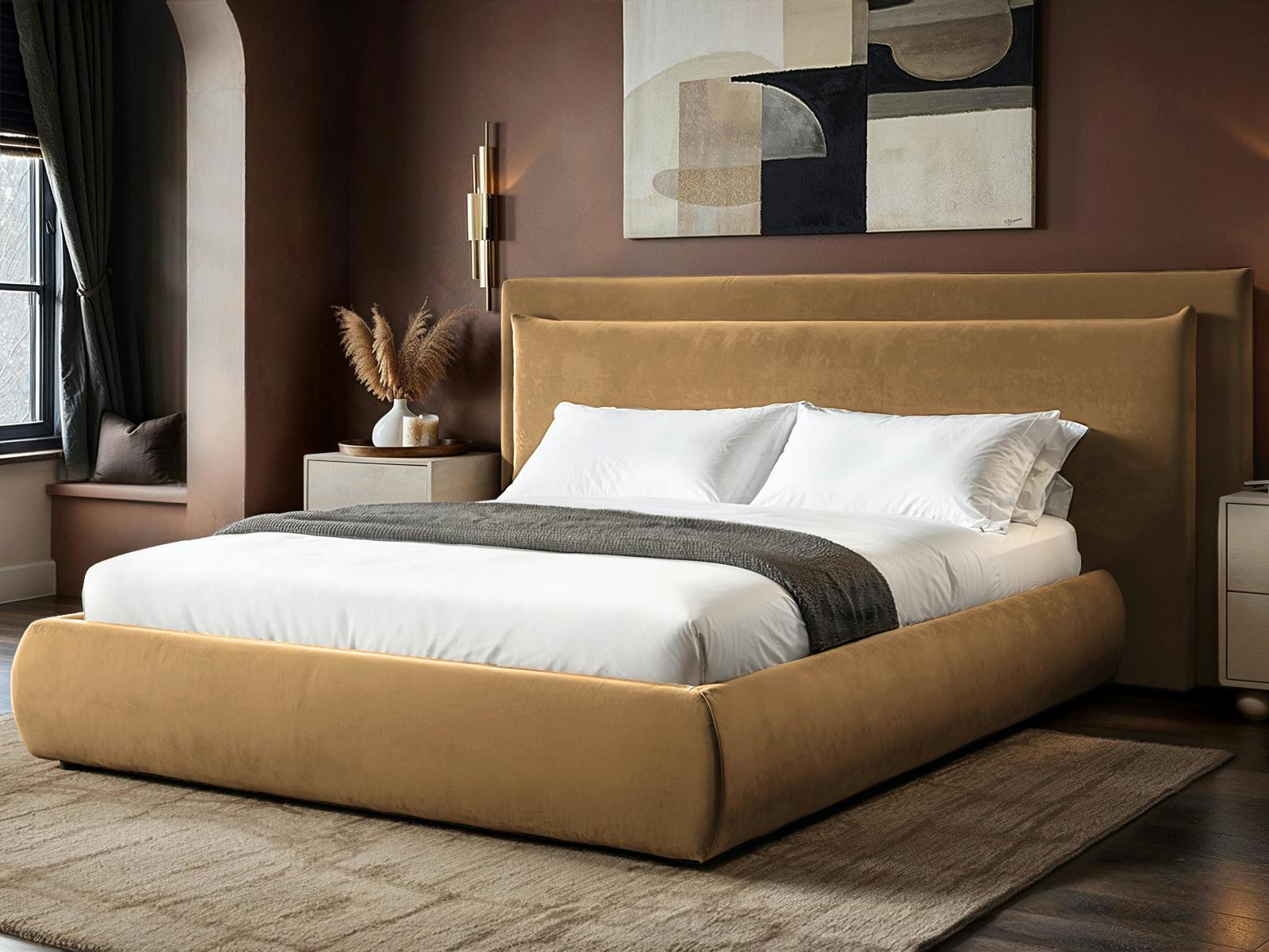 Rackhams Sigrid Sand Velvet Cushion Headboard Ottoman Bed - Kingsize