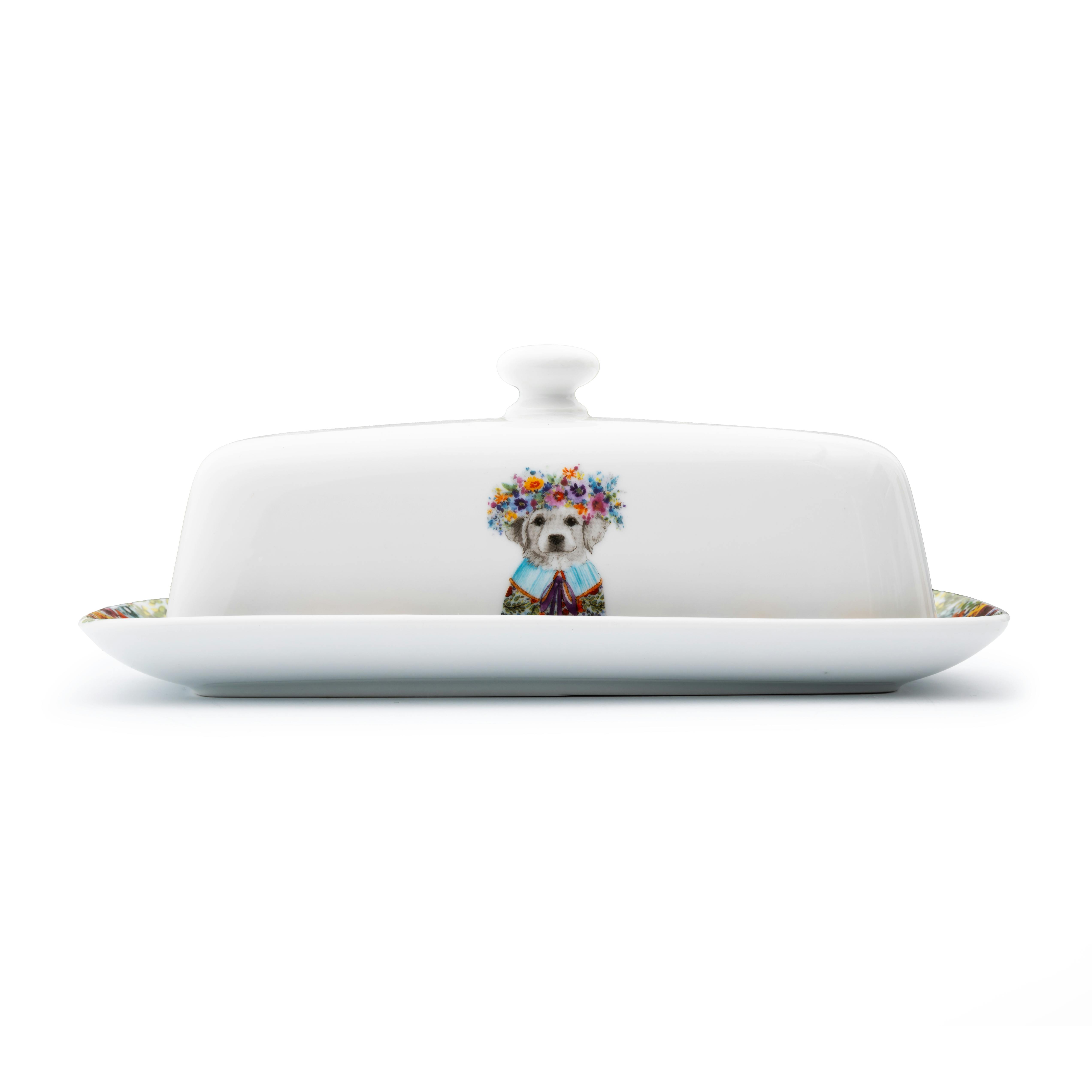 Rackhams White Tipperleyhill Porcelain Butter Dish And Lid, Puppy Print, 21 X 11 X 7Cm - Porcelain - Butter Dish