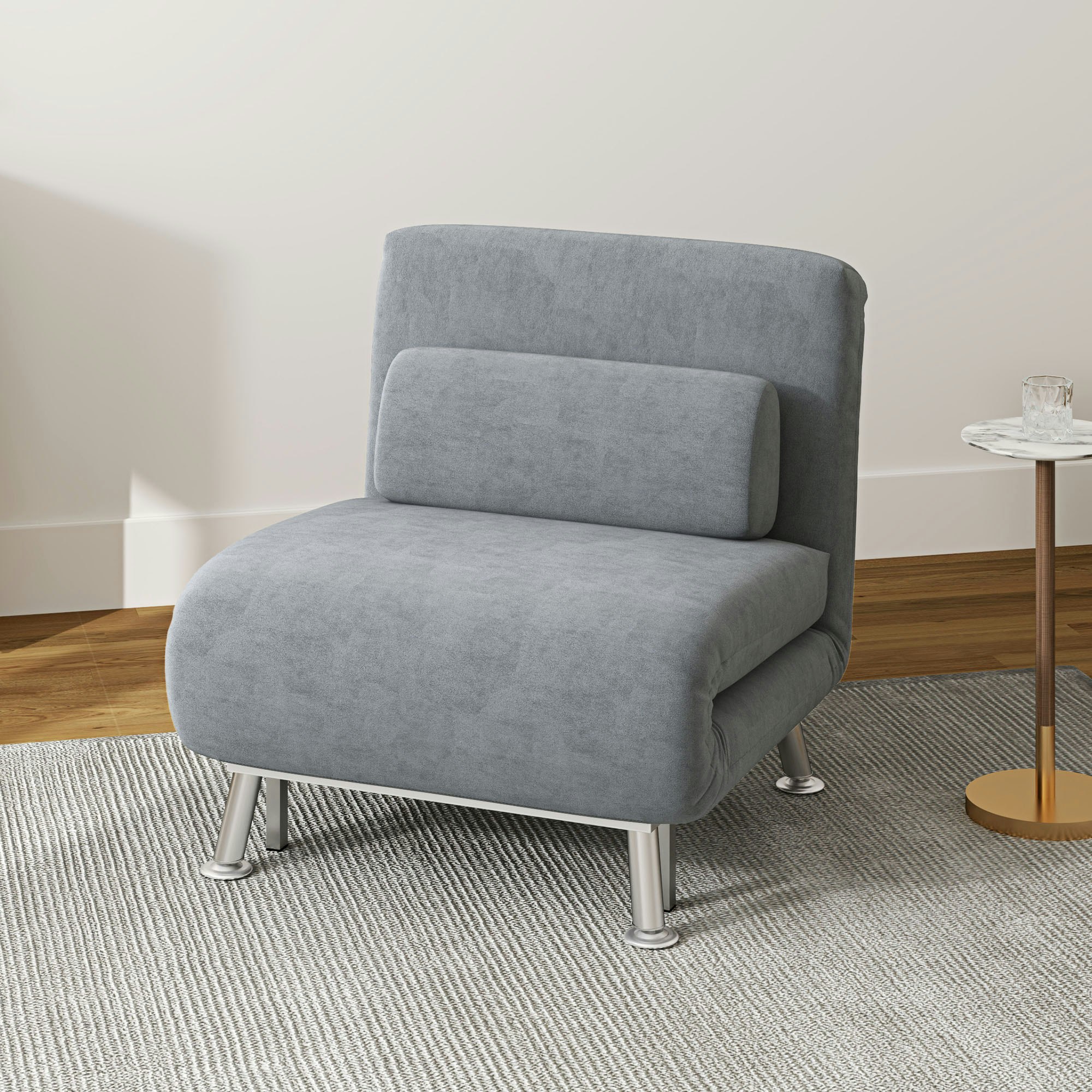 Homcom Grey Folding 5 Position Convertible Sleeper Chair Sofa Bed - Velvet - 1 Seater