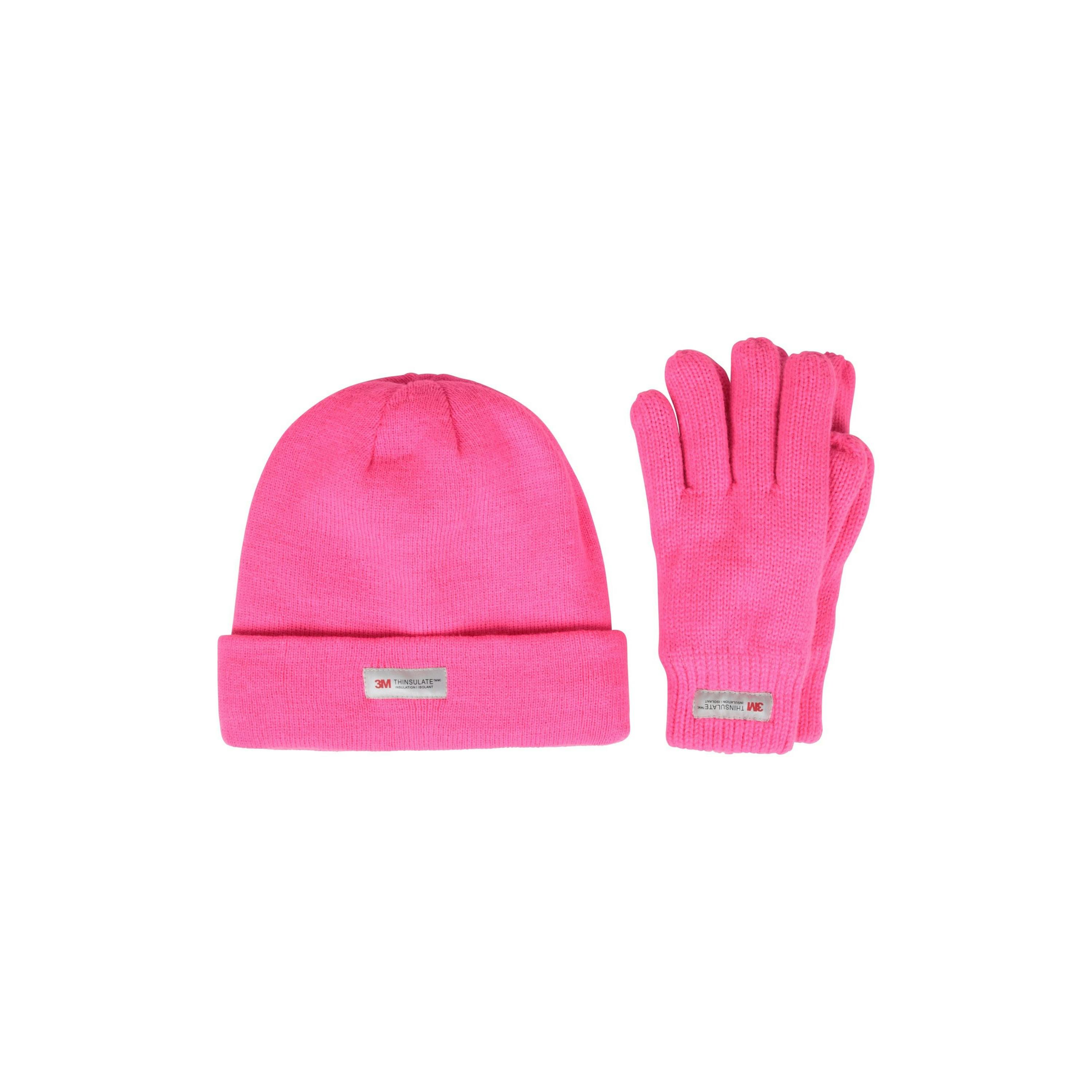 Mountain Warehouse Pink Childrens Thinsulate Fleece Beanie & Gloves Set - Bright - Bright - S-M - 100% Acrylic