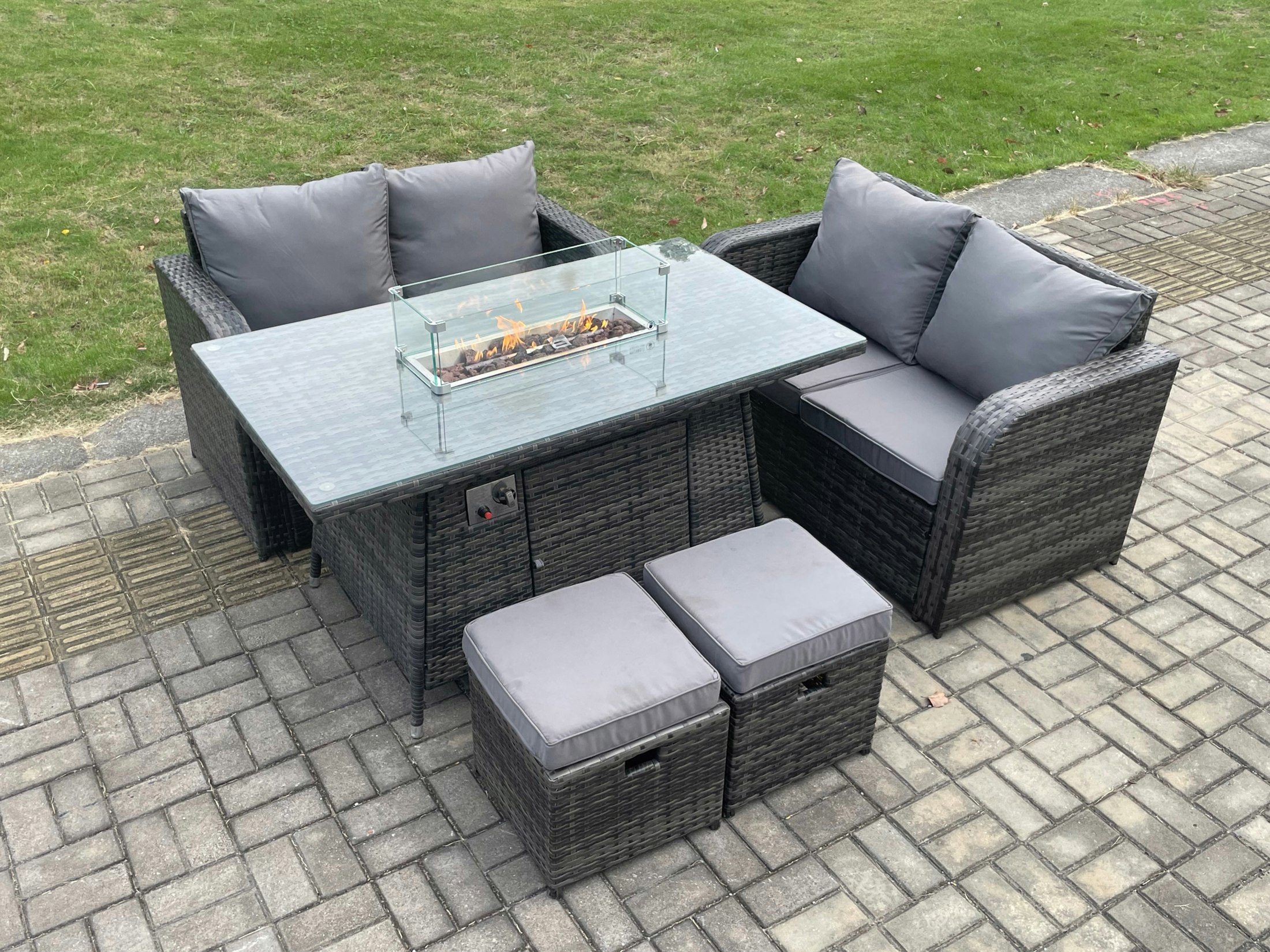 Rackhams Dark/Grey 6 Seater Rattan Outdoor Garden Furniture Sofa Set Gas Fire Pit Dining Table Gas Heater With Love Sofa 2 Small Footstool Mixed