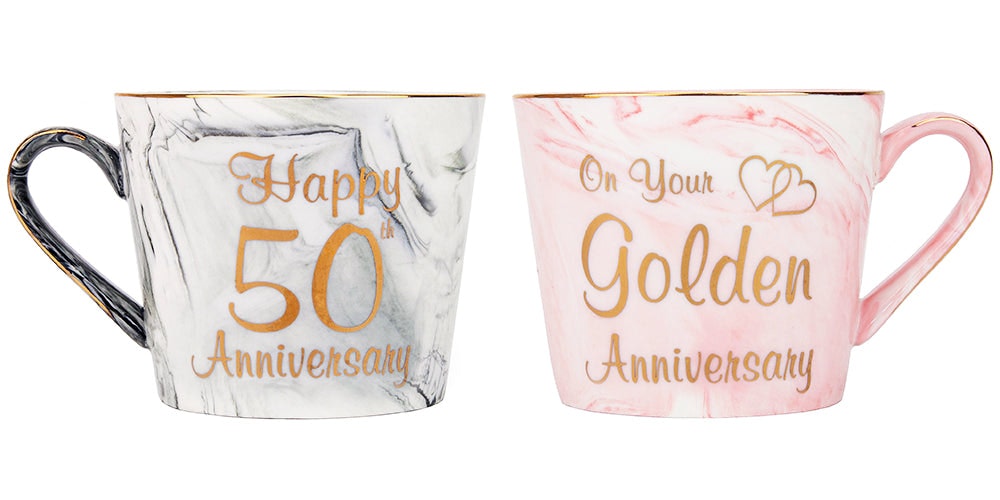 Happy Homewares Grey/Pink/Golden Beautiful 50Th Anniversary And Marble Ceramic Mugs With Trim 9Cm