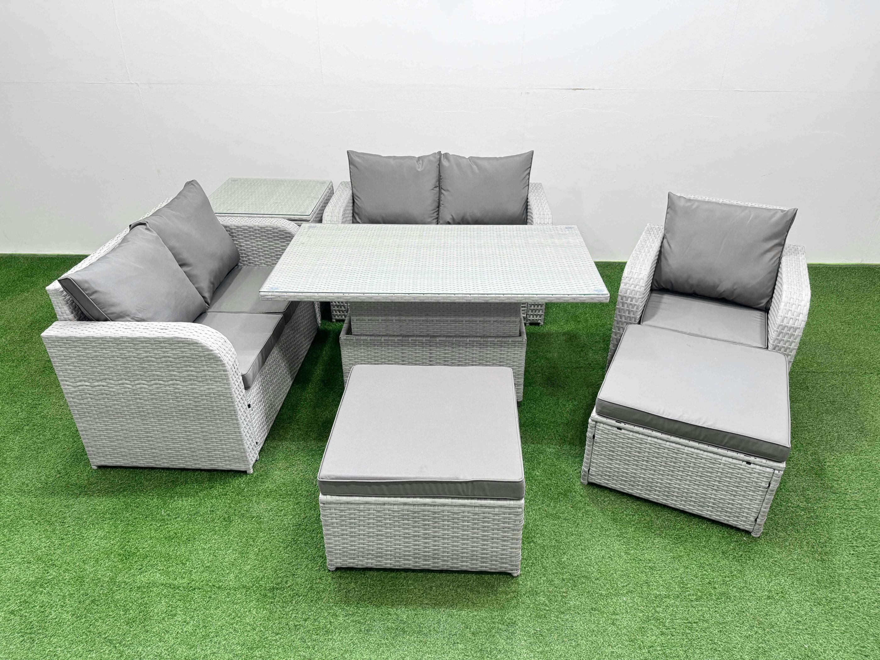 Rackhams Light/Grey High Back Poly Rattan Garden Furniture Set, Adj Height Table, Reclining Loveseat, Indoor Outdoor Patio, 2 Big Stools And Side Table,