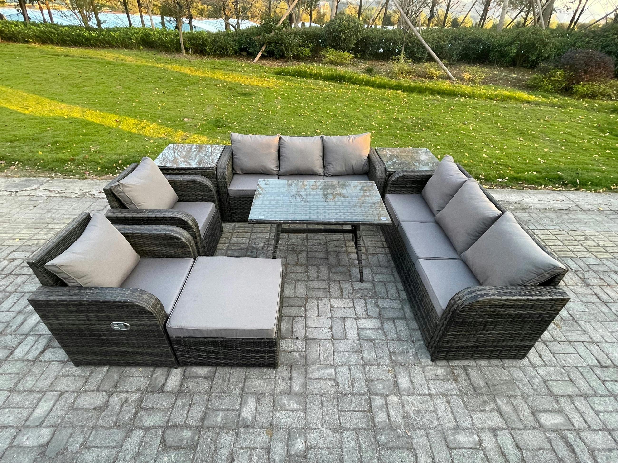 Fimous Dark/Grey 9 Seater Rattan Outdoor Set, Sofa, Patio Table, 3 Seater Sofa, Dining Table, 2 Side Tables And Big Footstool, Mixed
