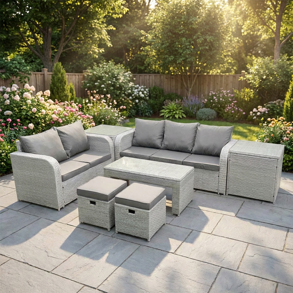 Rackhams Light/Grey 7 Seater Rattan Garden Furniture Set With Coffee Table, 3 Seater Sofa, Love Sofa, 2 Stools & 2 Side Tables