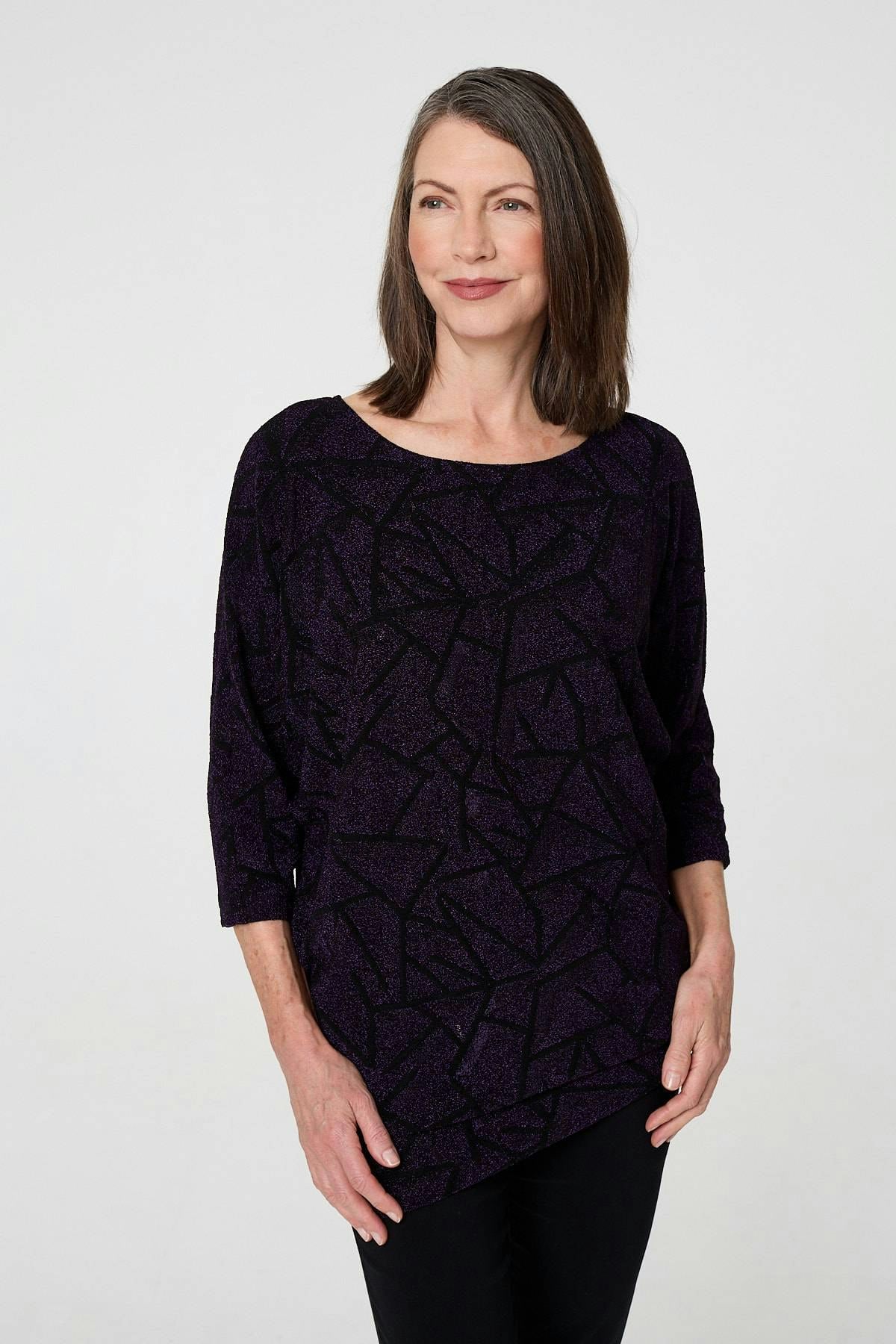 Izabel London Purple Sparkly Knit Batwing Sleeve Tunic Top - 10
