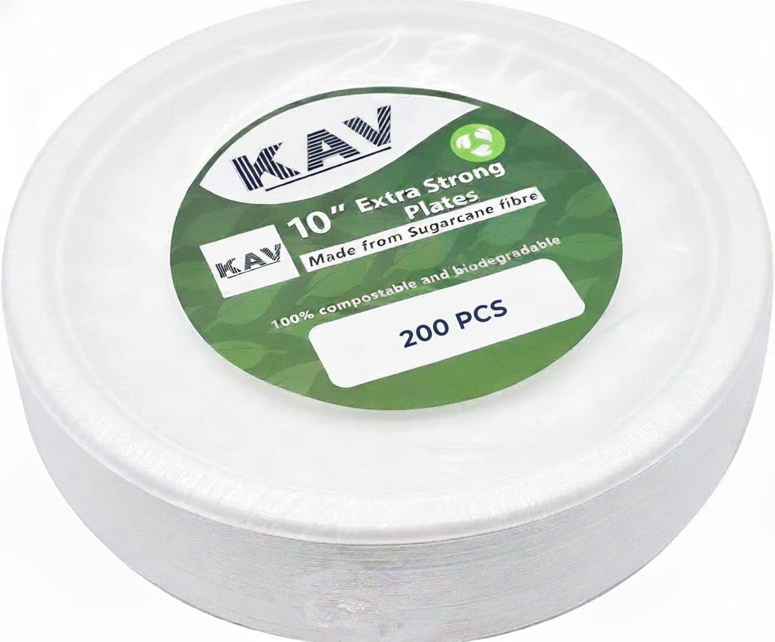 Kav 10 Inch Biodegradable Bagasse Plates - Disposable Super Rigid Sugarcane Fiber, Compostable Plates, Ideal For Parties, Bbqs, Picnics, Weddings - Pack Of 200