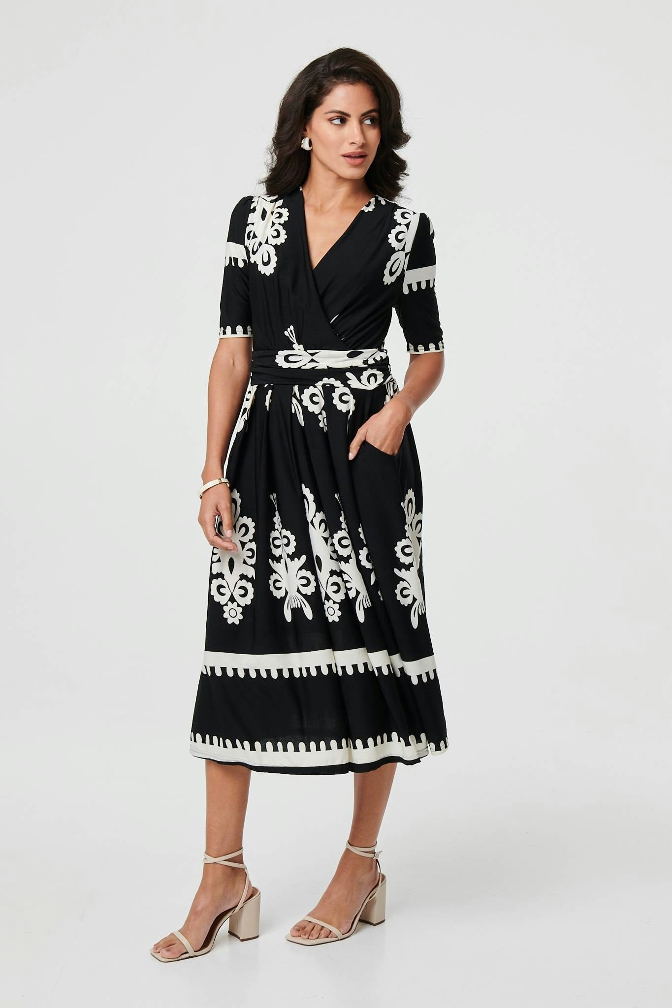 Izabel London Black Ikat Print 1/2 Sleeve Wrap Midi Dress - 8