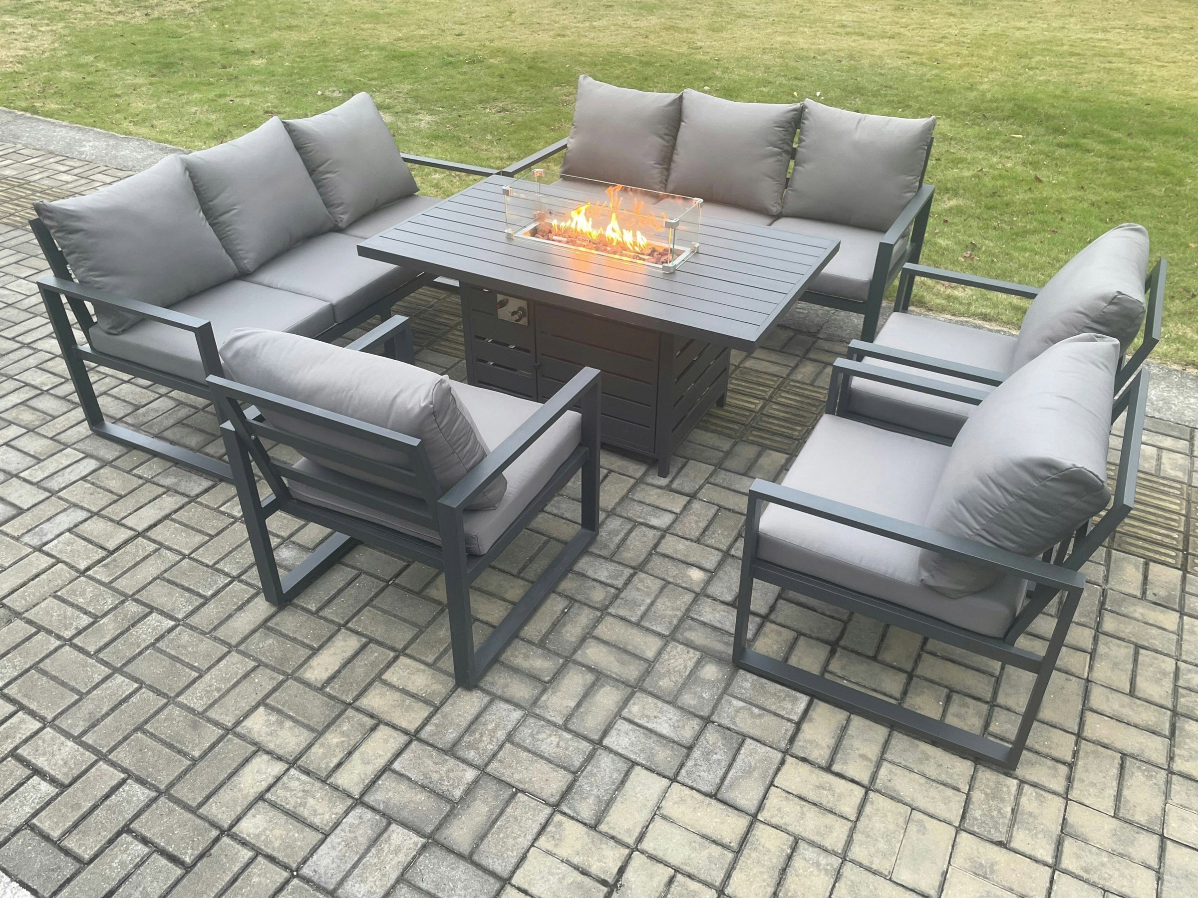 Fimous Dark/Grey Aluminium Garden Furniture Outdoor Set Patio Lounge Sofa Gas Fire Pit Dining Table Set With 3 Armchair