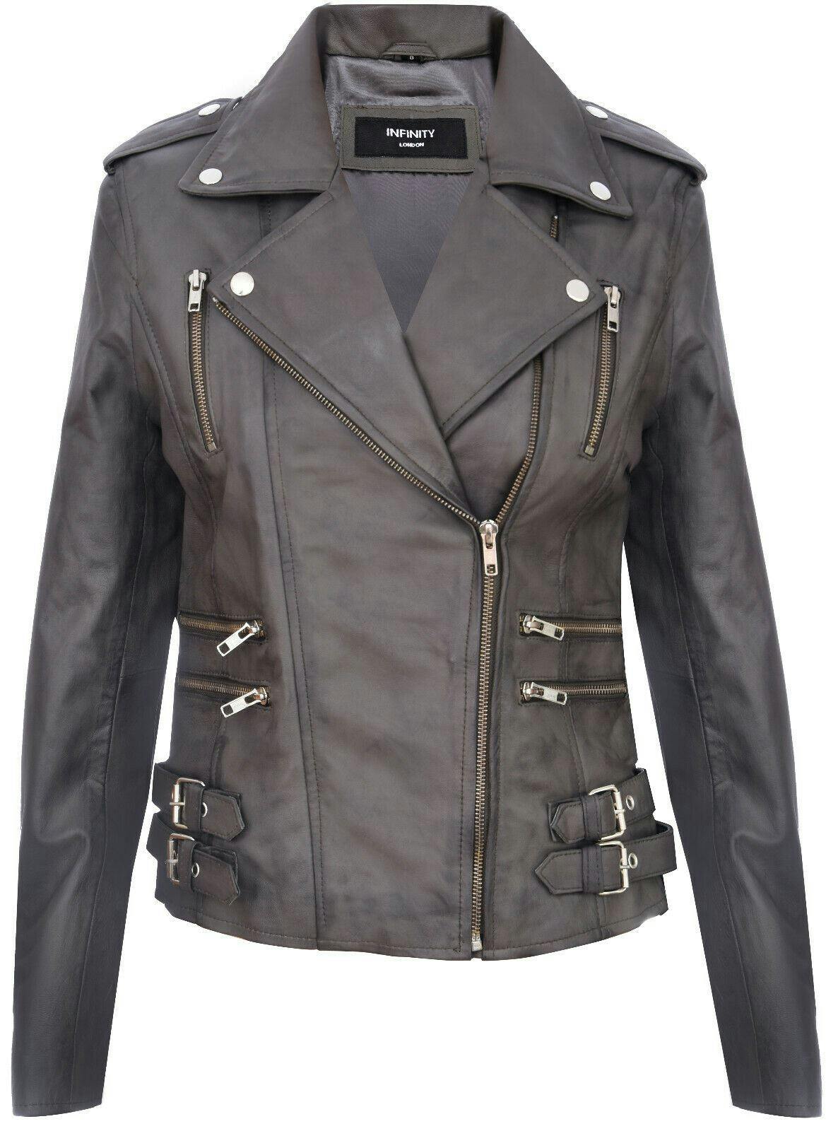 Infinity Leather Women's Grey Leather Brando Biker Jacket-Loddon - Uk 2XL/18 | Eu 44 | Us 14