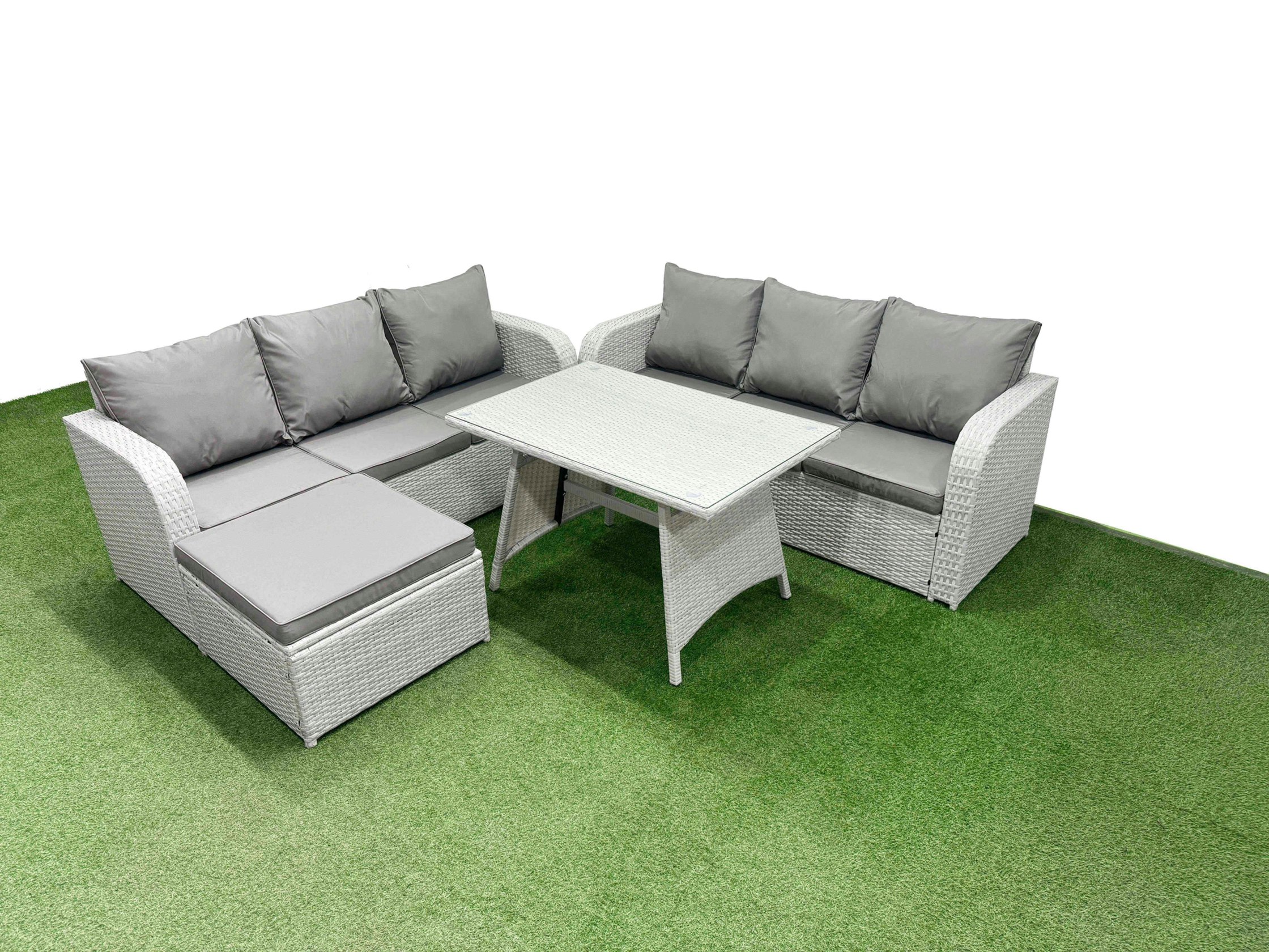 Rackhams Light/Grey Patio Dining Table & Chairs Set Rattan High Back Lounge Sofa Set With 3 Seater Sofa Big Stool