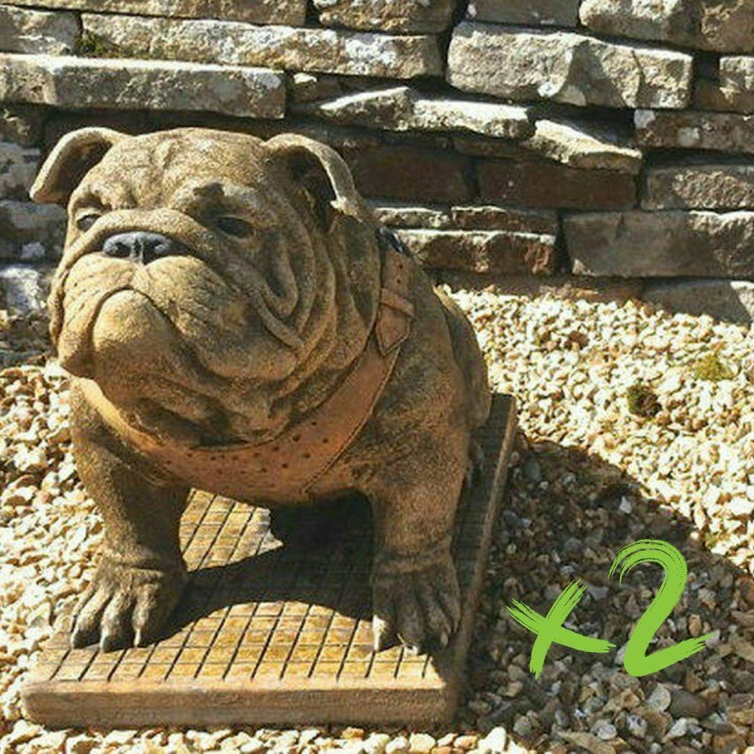 Rackhams Exclusive Pair Life Size Sitting British Bulldogs Ornament Statue Hand Made In Uk