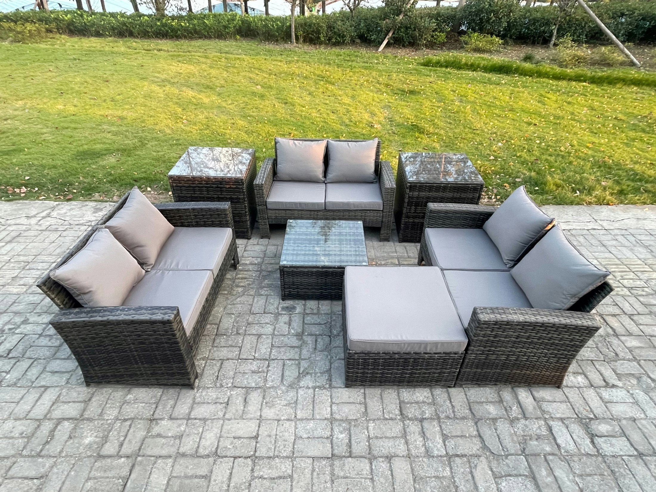 Rackhams Dark/Grey 7-Piece Outdoor Lounge Sofa Set - Mixed Pe Wicker Rattan Garden Furniture With Square Coffee Table & Big Footstool