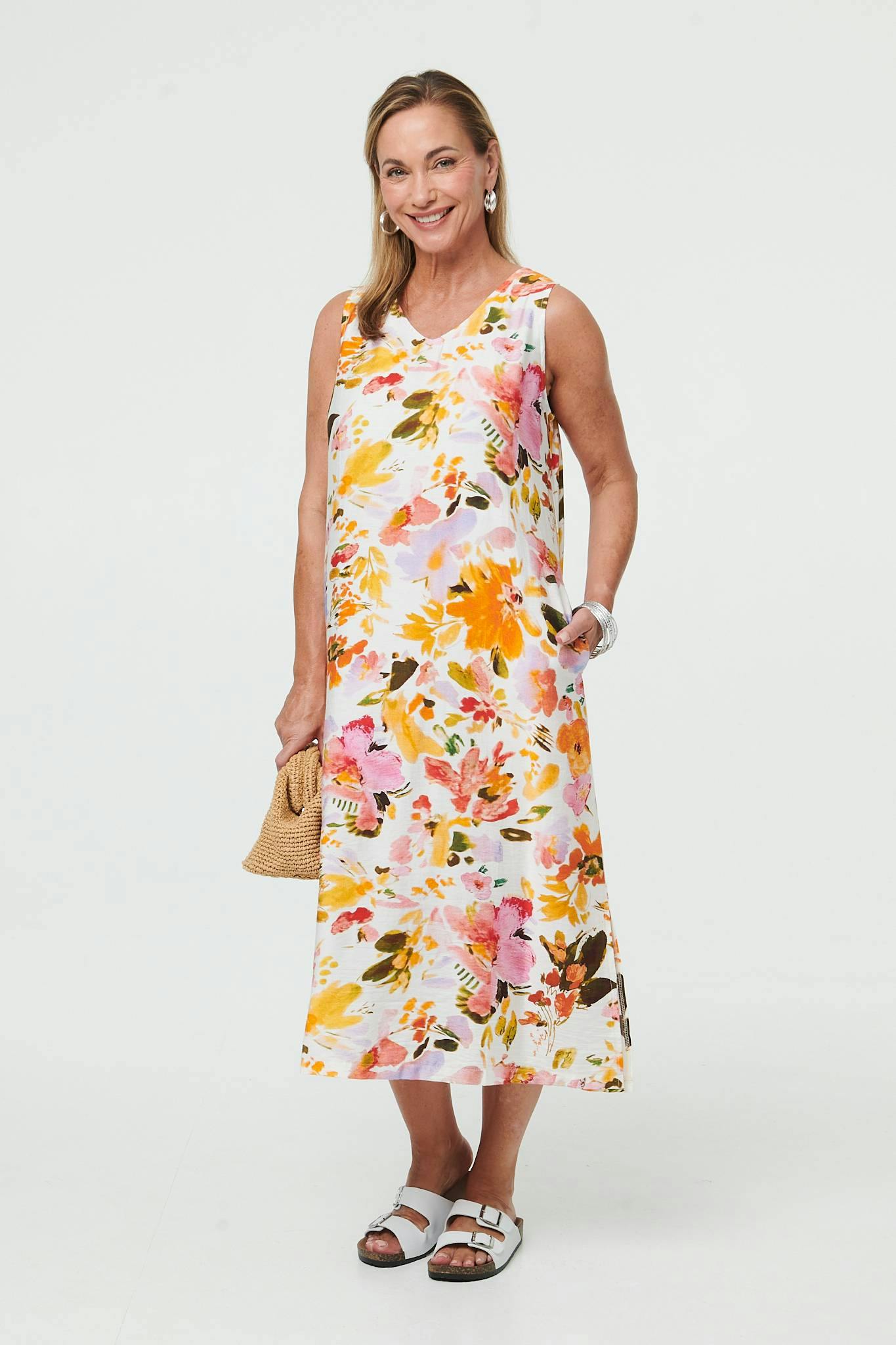 Izabel London Orange Floral Sleeveless V-Neck Midi Dress - 12