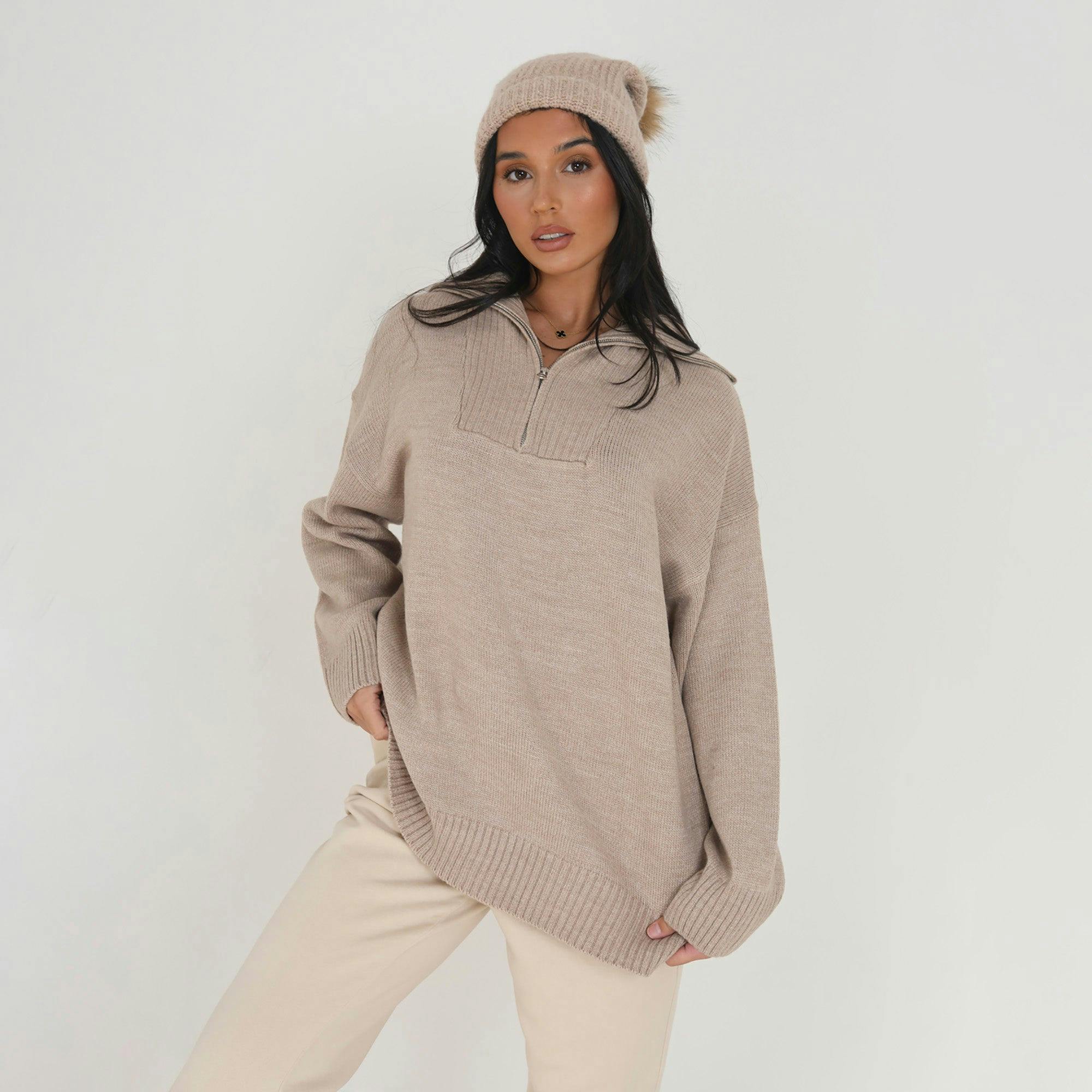 Brave Soul Oversized 1/2 Zip Knitted Jumper - Stone - Stone - Xs