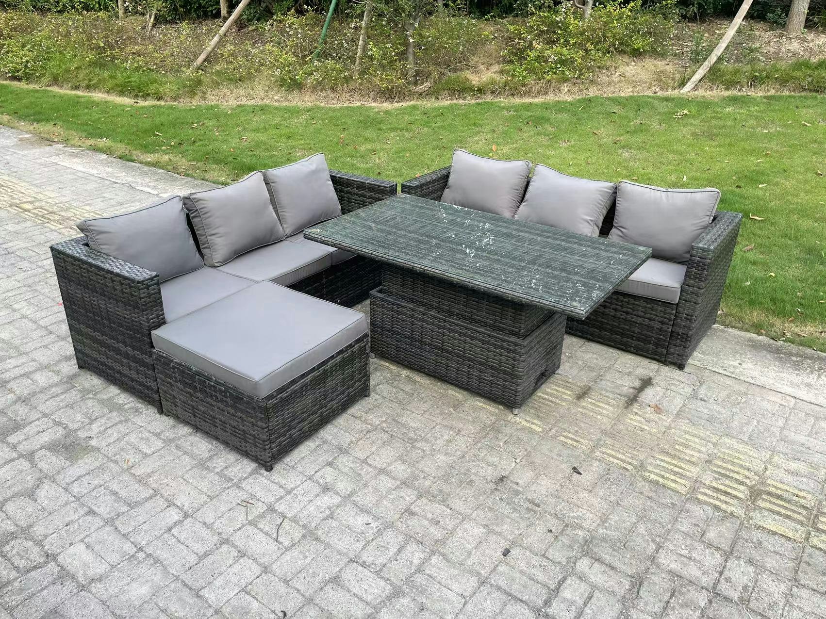 Rackhams Dark/Grey 7 Seater Wicker Pe Rattan Garden Furniture Sofa Set Outdoor Adjustable Rising Lifting Dining Table Set With Big Footstool Mixed
