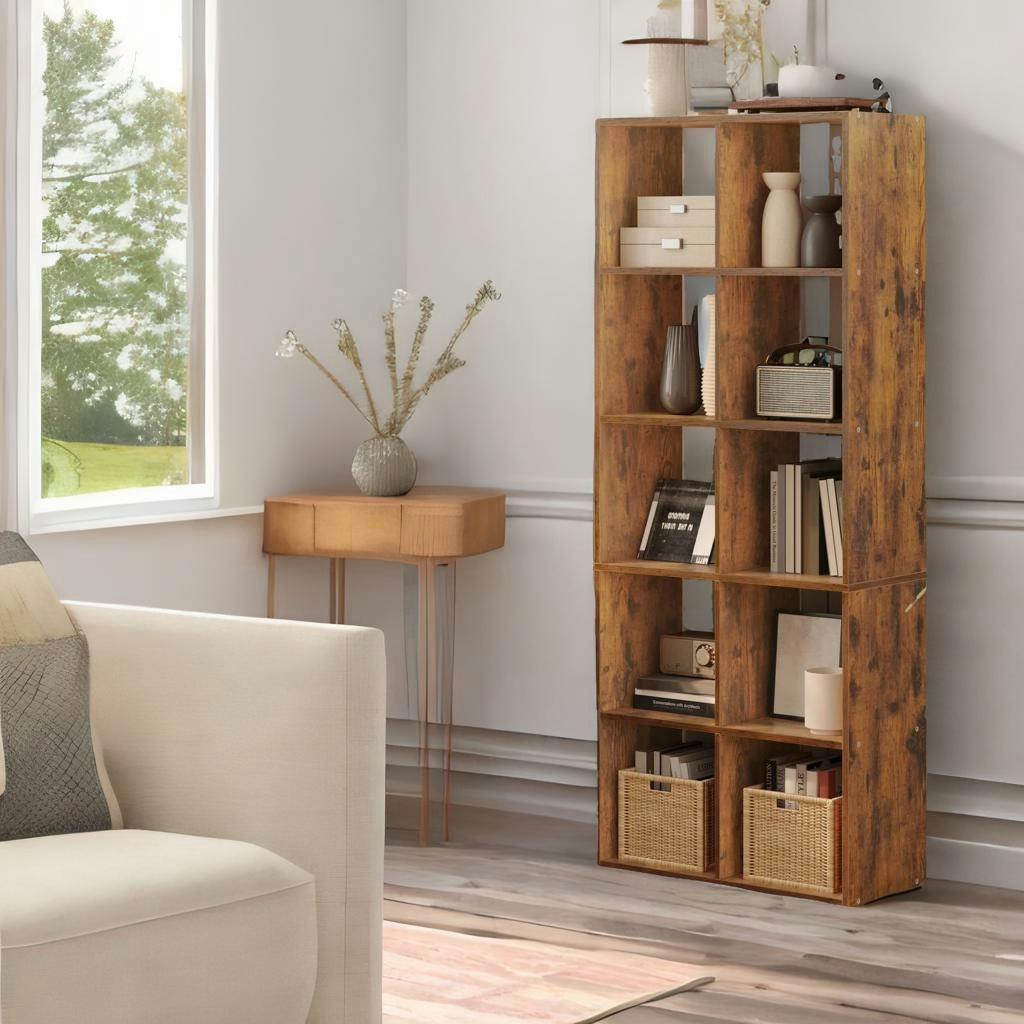 Rafaelo Mobilia Brown Industrial 10 Cube Book Storage Shelf Rustic