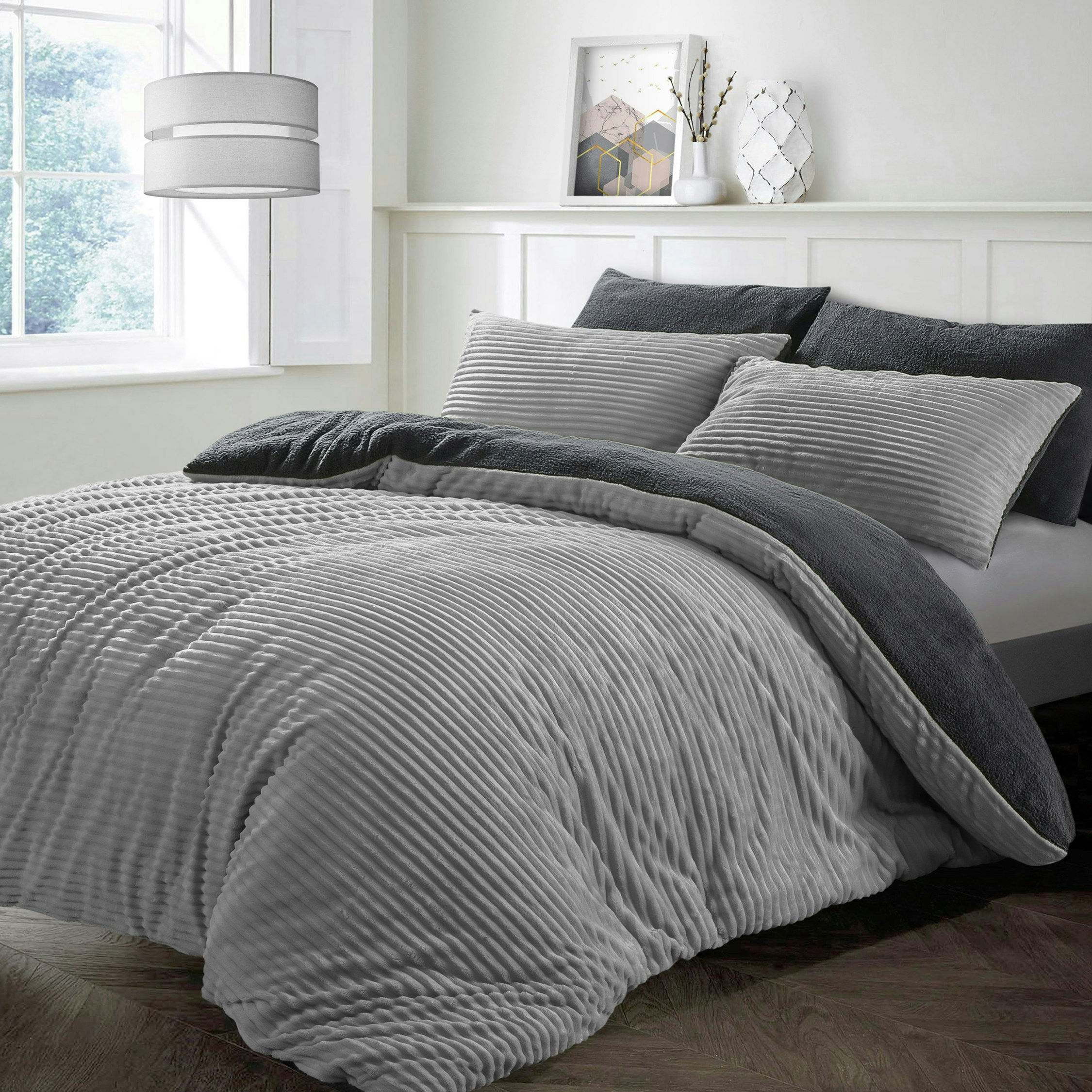 Velosso Silver Plush Corduroy Teddy Fluffy And Warm Fleece Duvet Cover Set - King