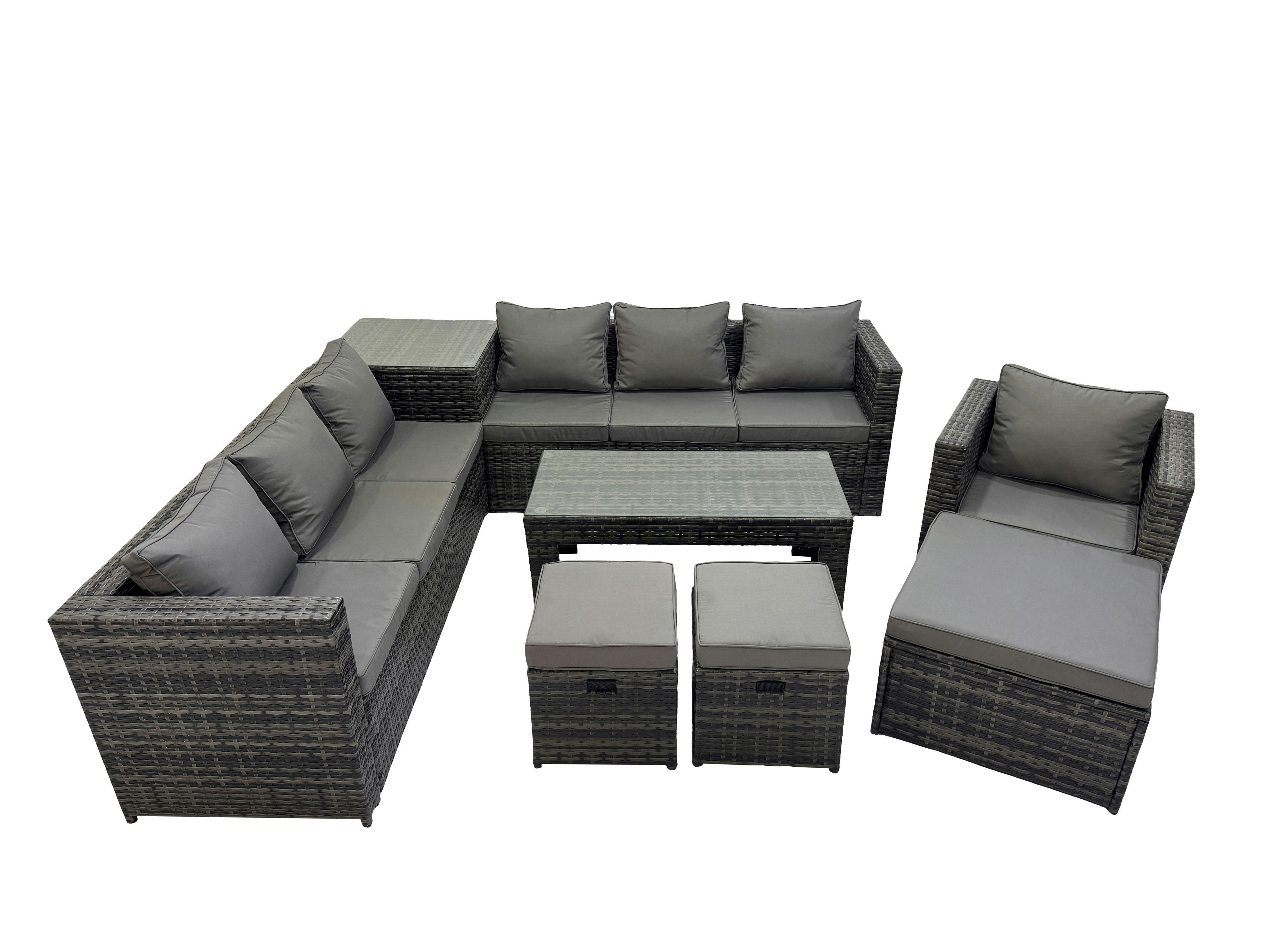 Fimous Dark/Grey Garden Rattan Outdoor Furniture Set 10 Seater Patio Corner Sofa Oblong Coffee Table With 3 Stool Side Table