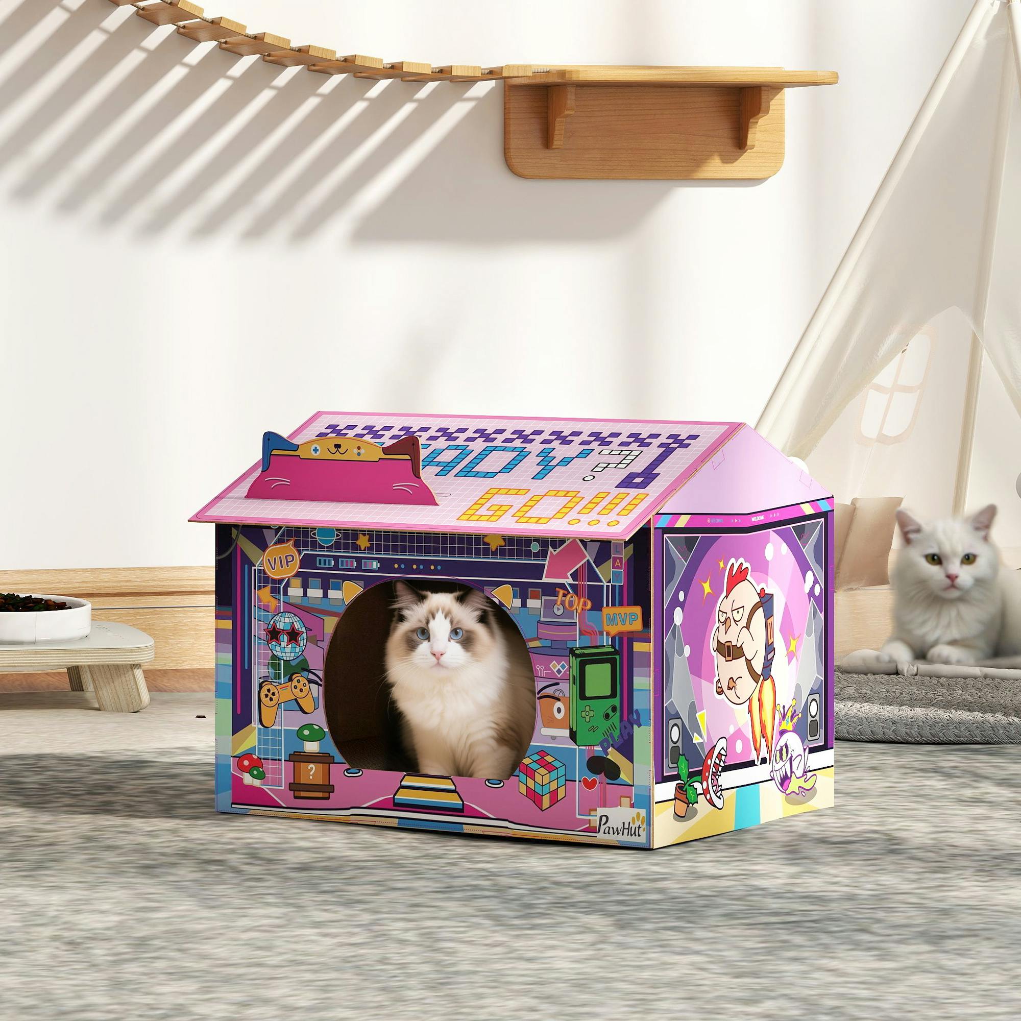 Pawhut Pink Cardboard Cat House With Scratching Board & Catnip, Gaming Style - Corrugated Paper - 1