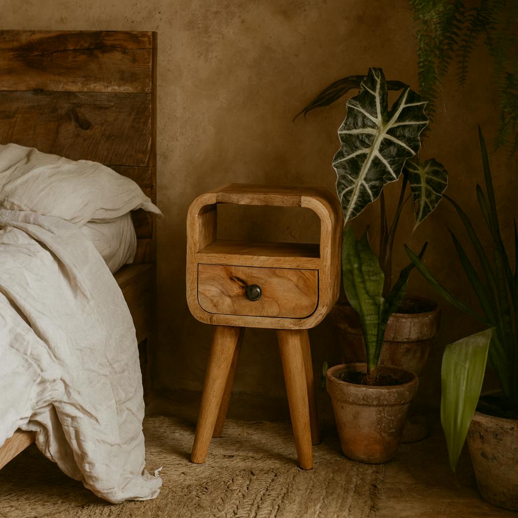 Wyld Haus Cagliari Small Natural Mango Wood Curve Drawer And Shelf Bedside Table